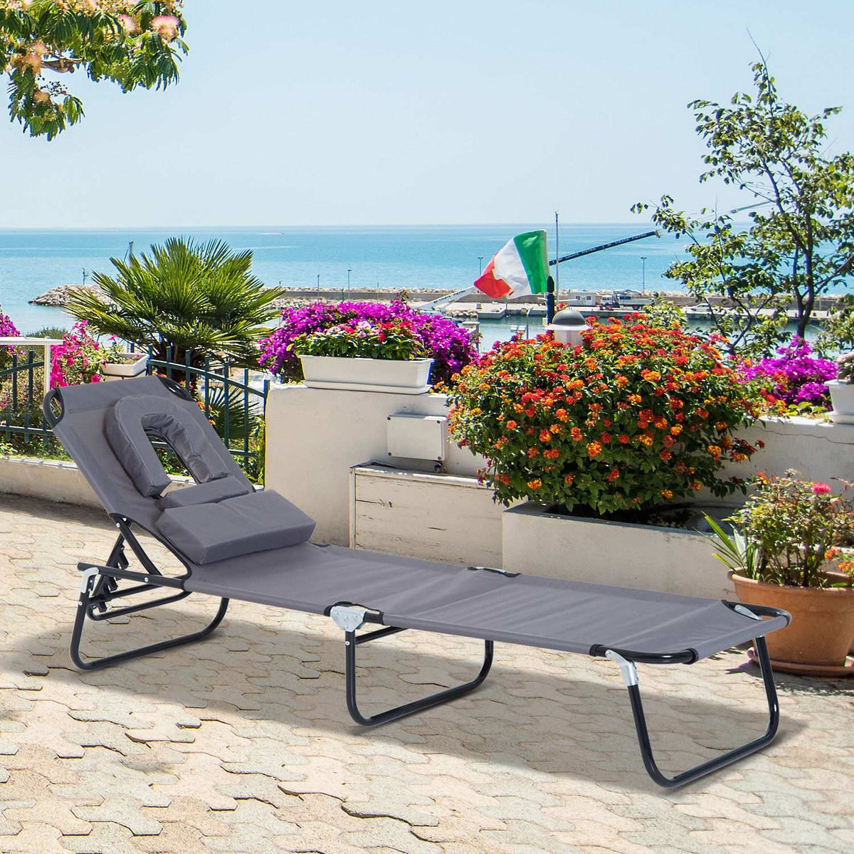 Sun Lounger, Garden Lounger, Three-Legged Lounger, Relaxation Lounger With Reading Window, Face Opening, Grey