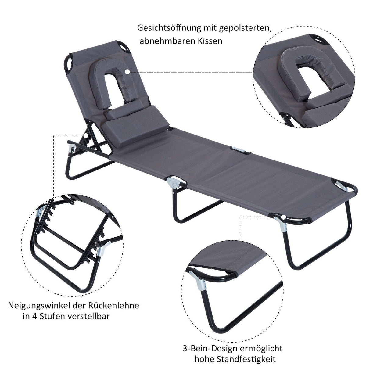 Sun Lounger, Garden Lounger, Three-Legged Lounger, Relaxation Lounger With Reading Window, Face Opening, Grey