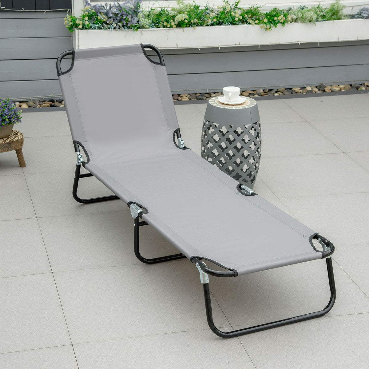 Sun Lounger, Garden Lounger With Adjustable Backrest, Deck Chair, Relaxation Lounger, Camping Lounger For Garden, Balcony, Steel, Gray, 188 X 56 X 28Cm