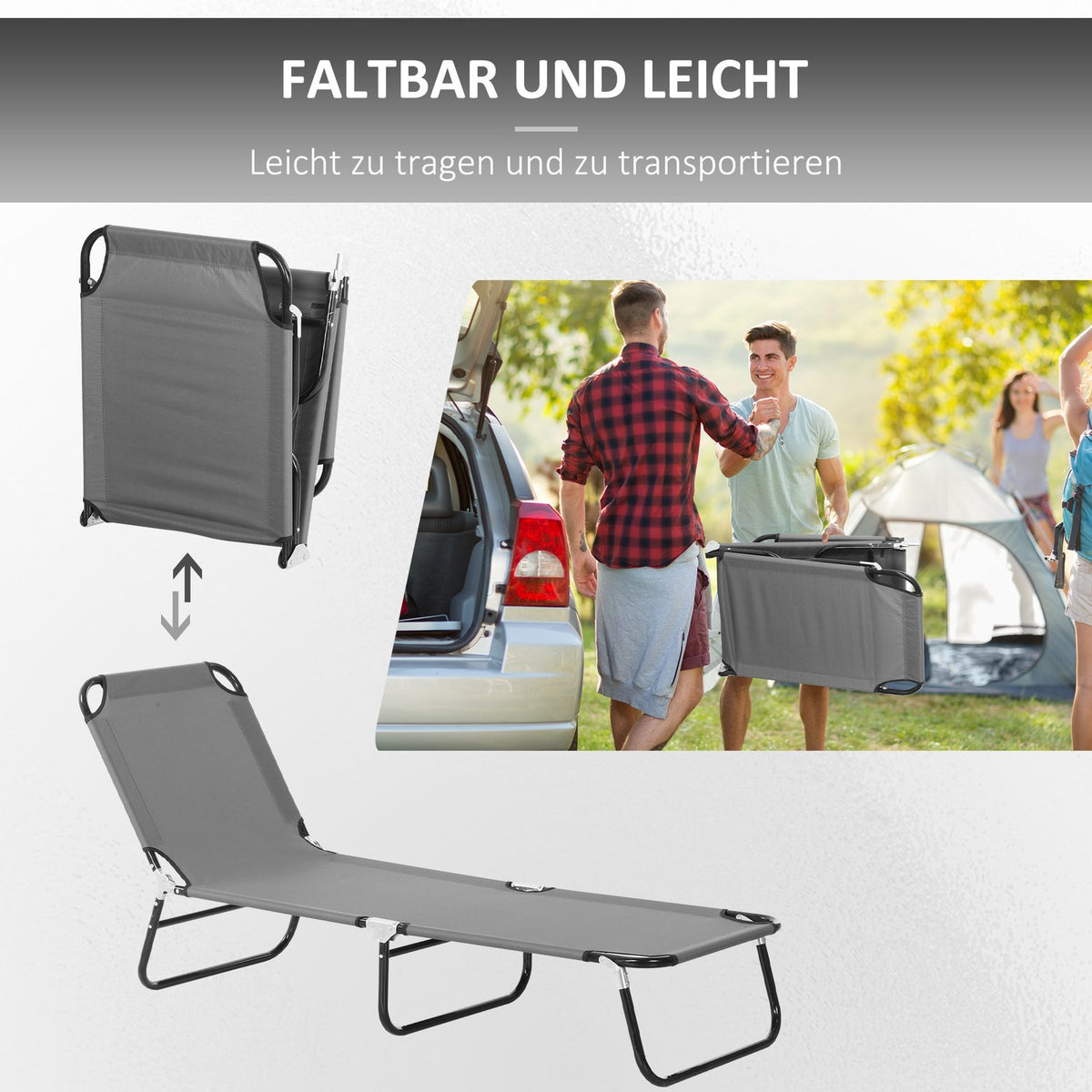 Sun Lounger, Garden Lounger With Adjustable Backrest, Deck Chair, Relaxation Lounger, Camping Lounger For Garden, Balcony, Steel, Gray, 188 X 56 X 28Cm