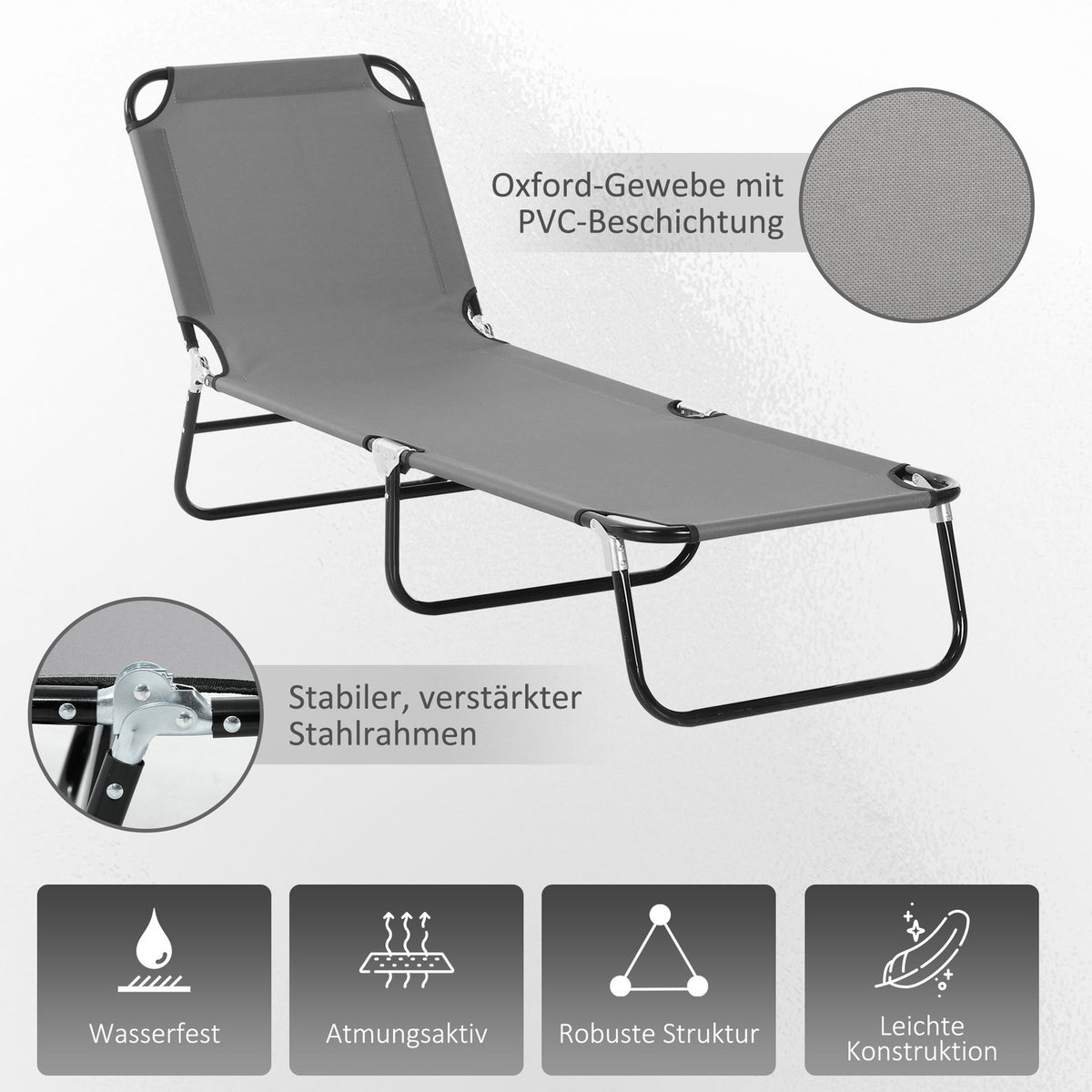 Sun Lounger, Garden Lounger With Adjustable Backrest, Deck Chair, Relaxation Lounger, Camping Lounger For Garden, Balcony, Steel, Gray, 188 X 56 X 28Cm