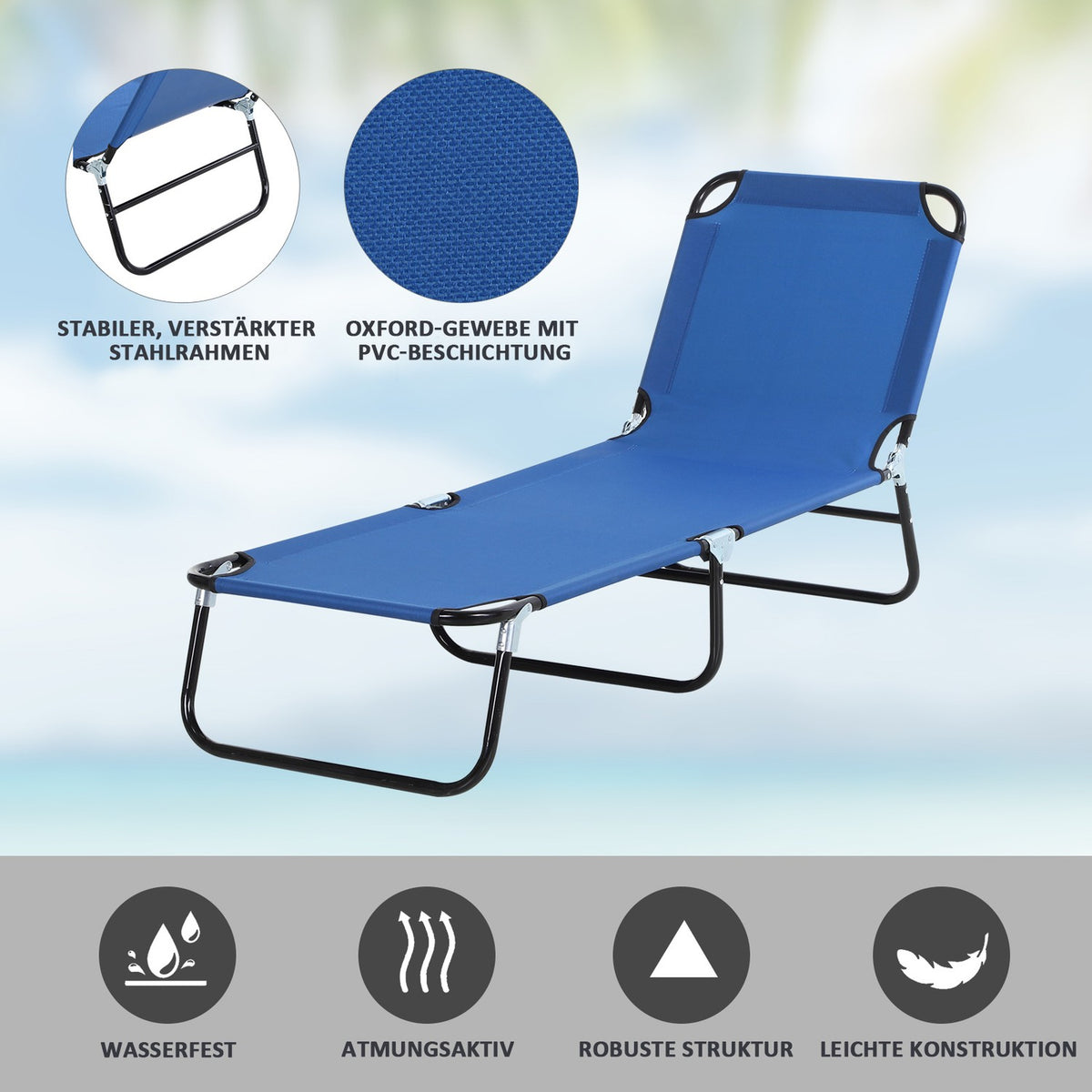 Sun Lounger Garden Lounger With Adjustable Backrest, Steel, Blue, 188X56X28Cm, Ideal For Garden & Balcony