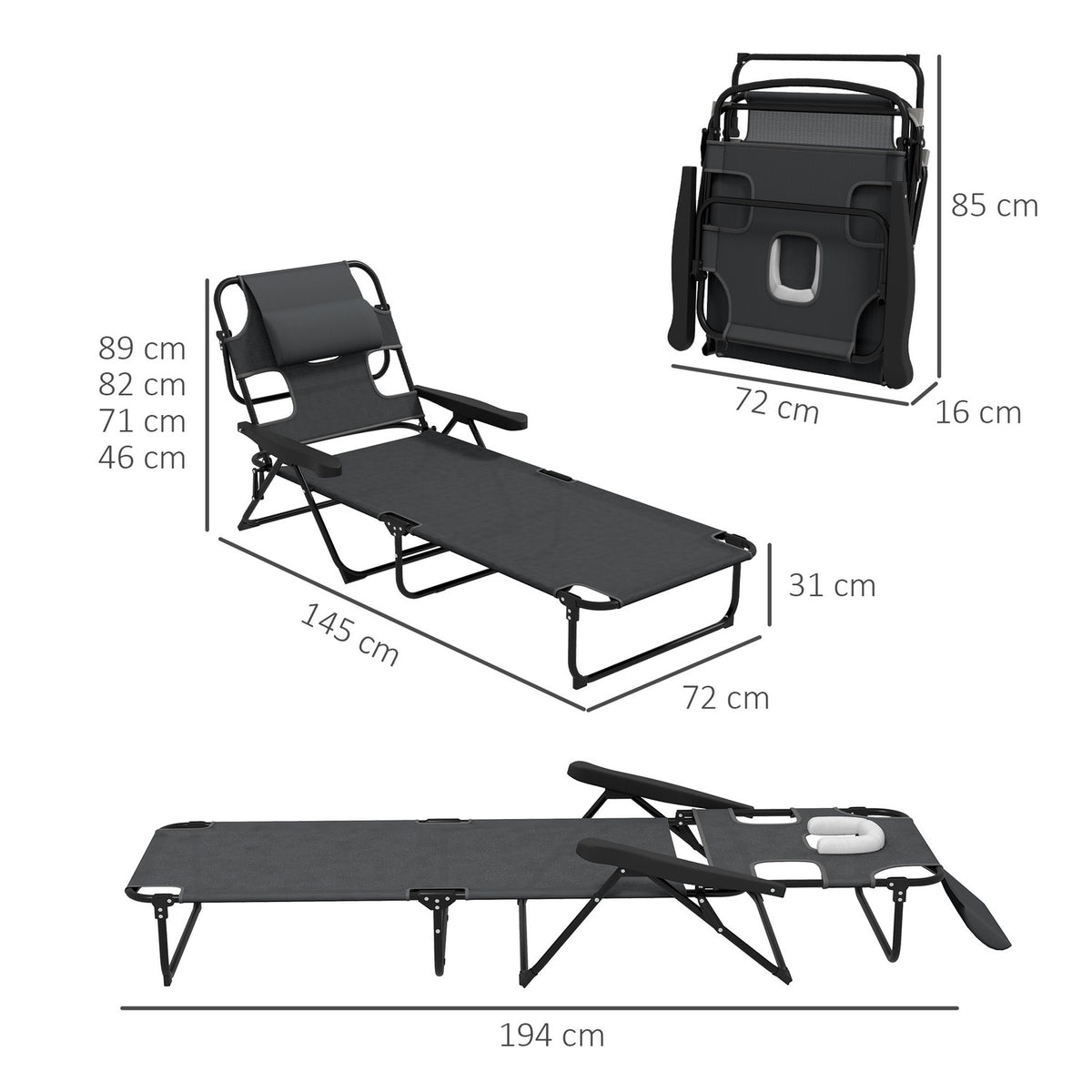 Sun Lounger Garden Lounger With Pillow Deck Chair With Adjustable Backrest Armrest Relax Lounger For Garden Balcony Mesh Dark Gray