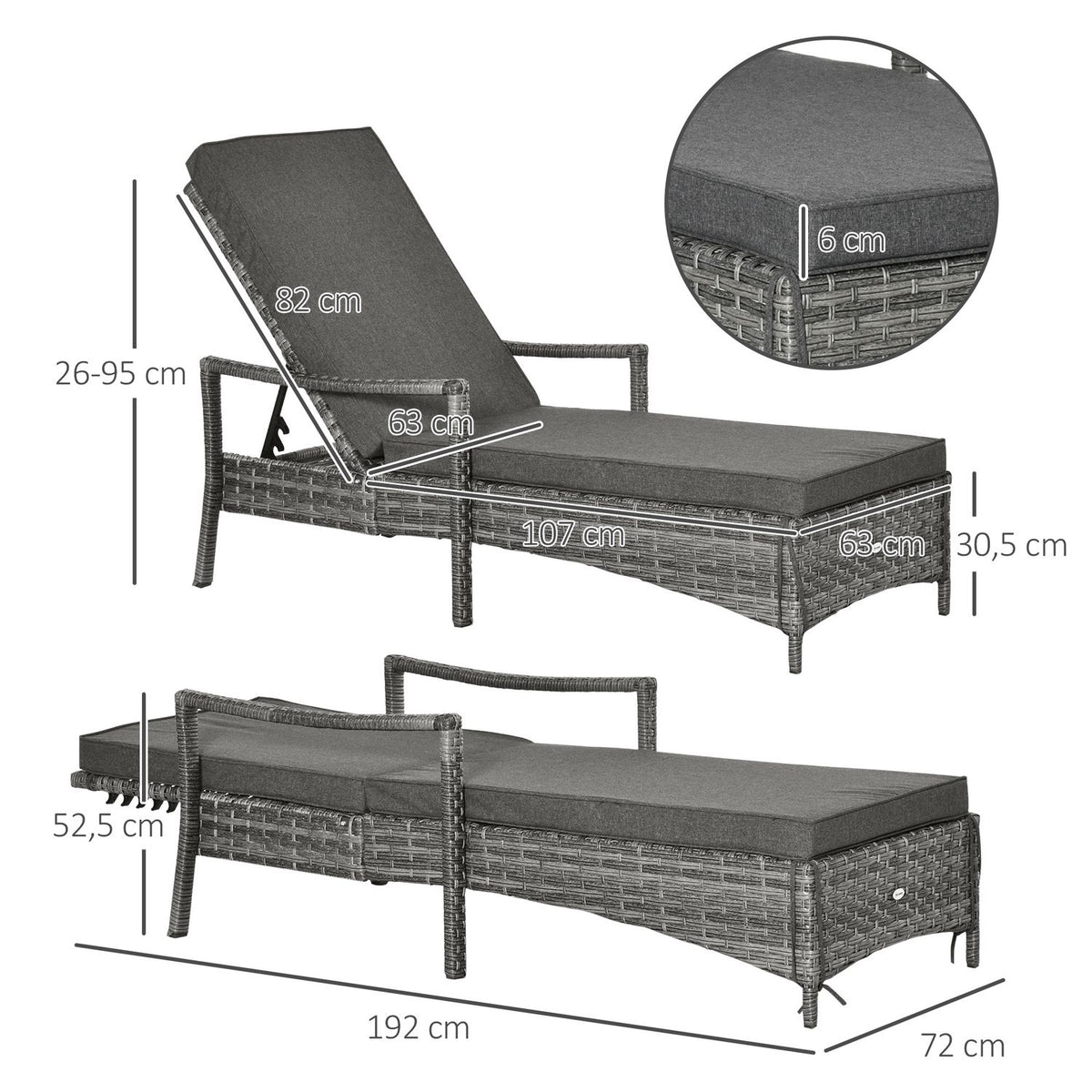 Sun Lounger Rattan Lounger Garden Furniture Lounger Upholstered Cushion Adjustable Gray 192 X 62.5 X 52.5 Cm