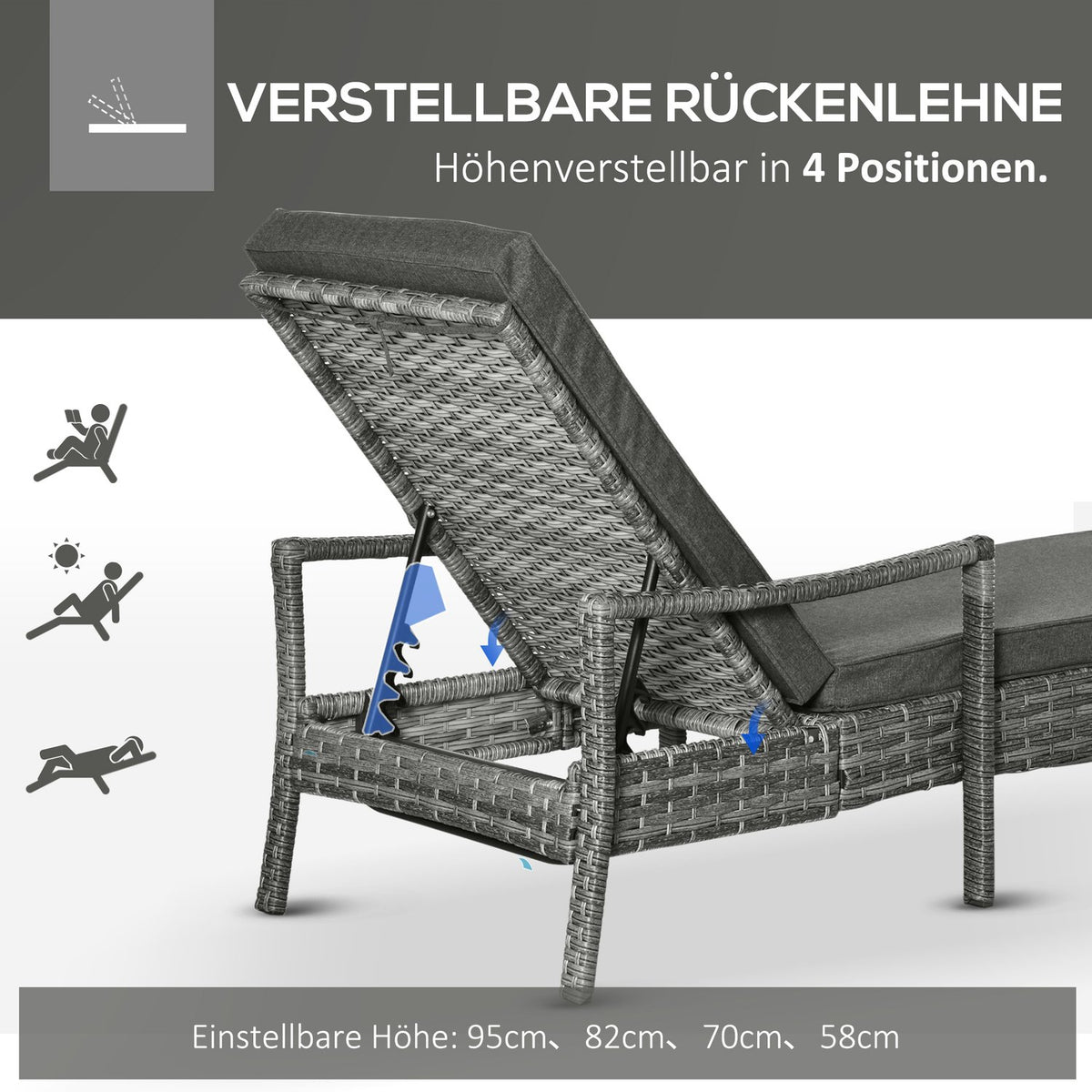 Sun Lounger Rattan Lounger Garden Furniture Lounger Upholstered Cushion Adjustable Gray 192 X 62.5 X 52.5 Cm