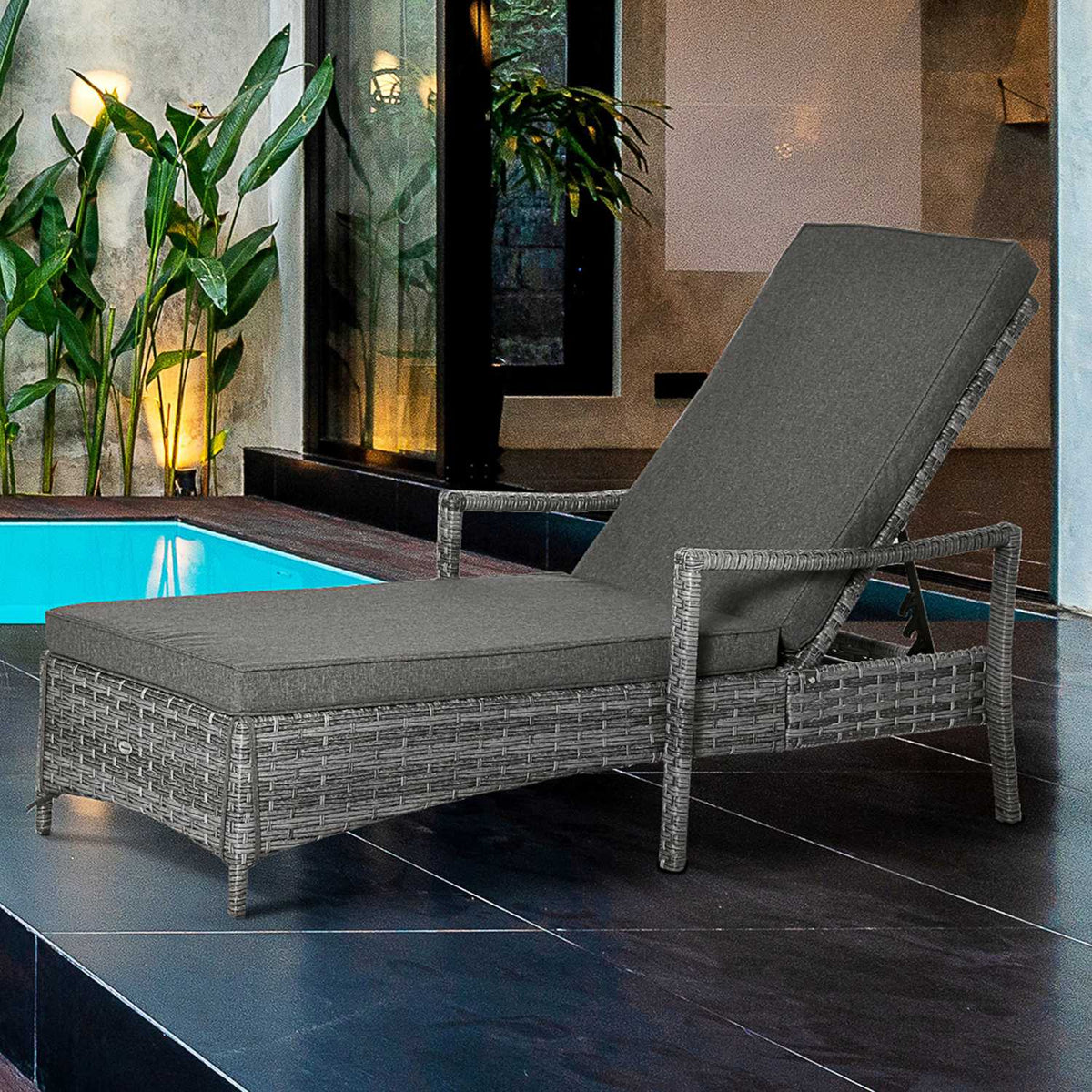 Sun Lounger Rattan Lounger Garden Furniture Lounger Upholstered Cushion Adjustable Gray 192 X 62.5 X 52.5 Cm