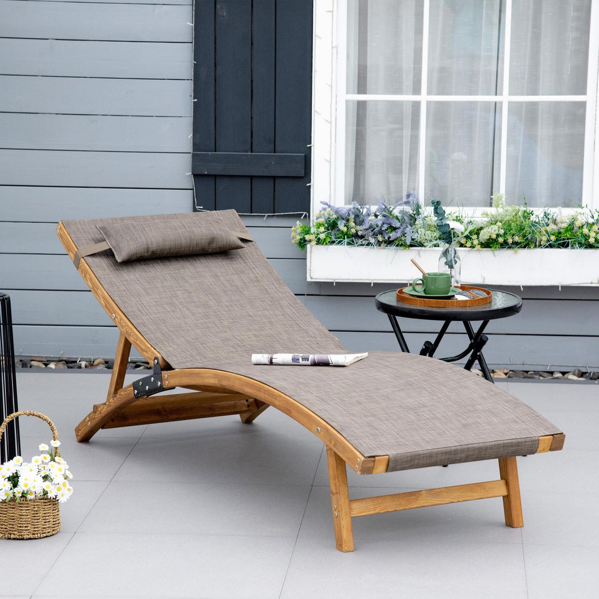 Sun Lounger, Weatherproof Garden Lounger, Deck Chair With Adjustable Backrest, Pillow, Up To 120 Kg, Brown, 182 X 64 X 71Cm