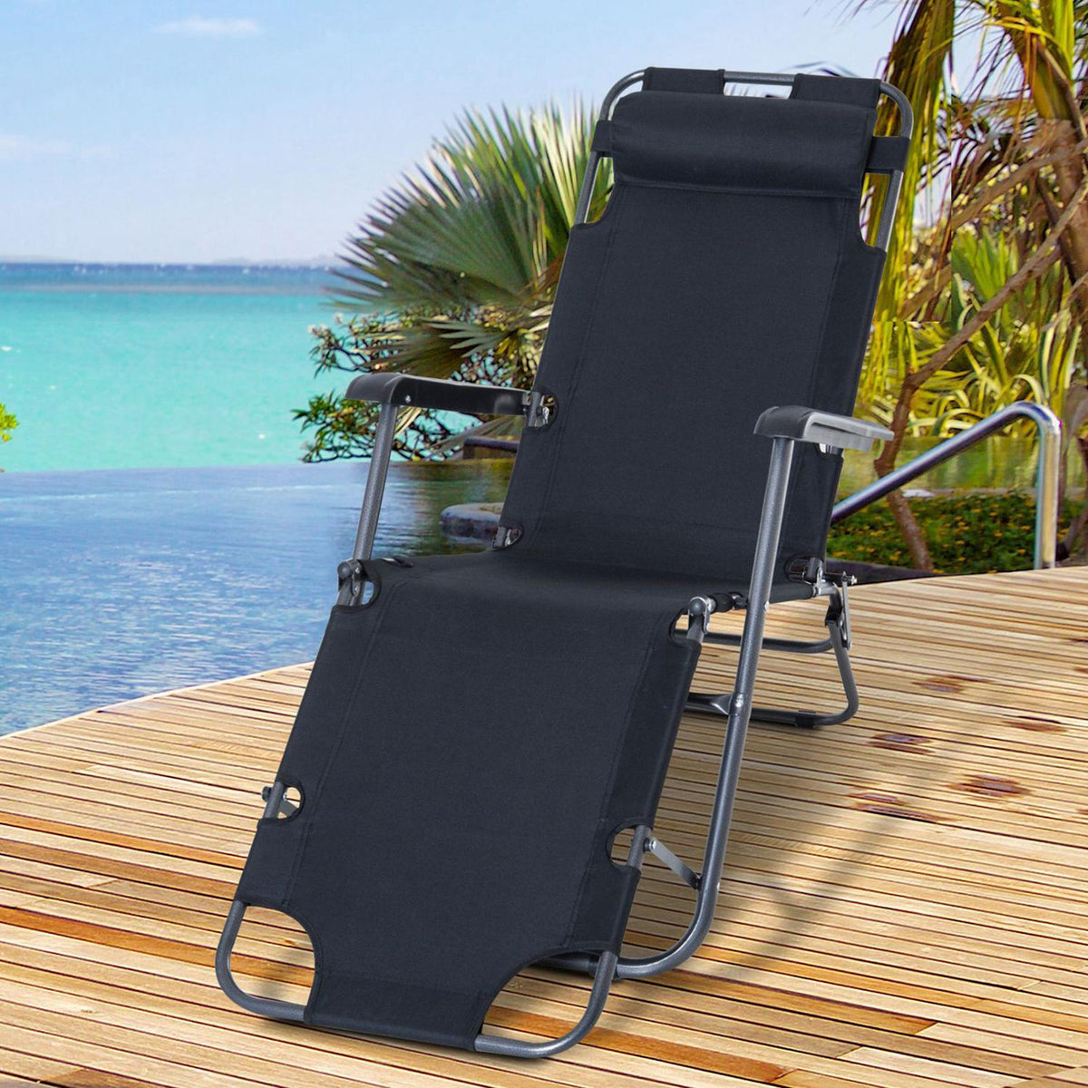 Sun Lounger With Cushion, Folding Beach Lounger, 2-Tier Garden Lounger, 2-In-1 Relaxation Lounger, Metal + Oxford Fabric, Black 135 X 60 X 89 Cm