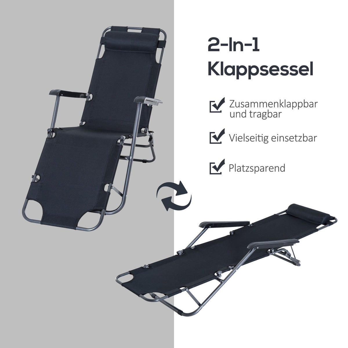Sun Lounger With Cushion, Folding Beach Lounger, 2-Tier Garden Lounger, 2-In-1 Relaxation Lounger, Metal + Oxford Fabric, Black 135 X 60 X 89 Cm