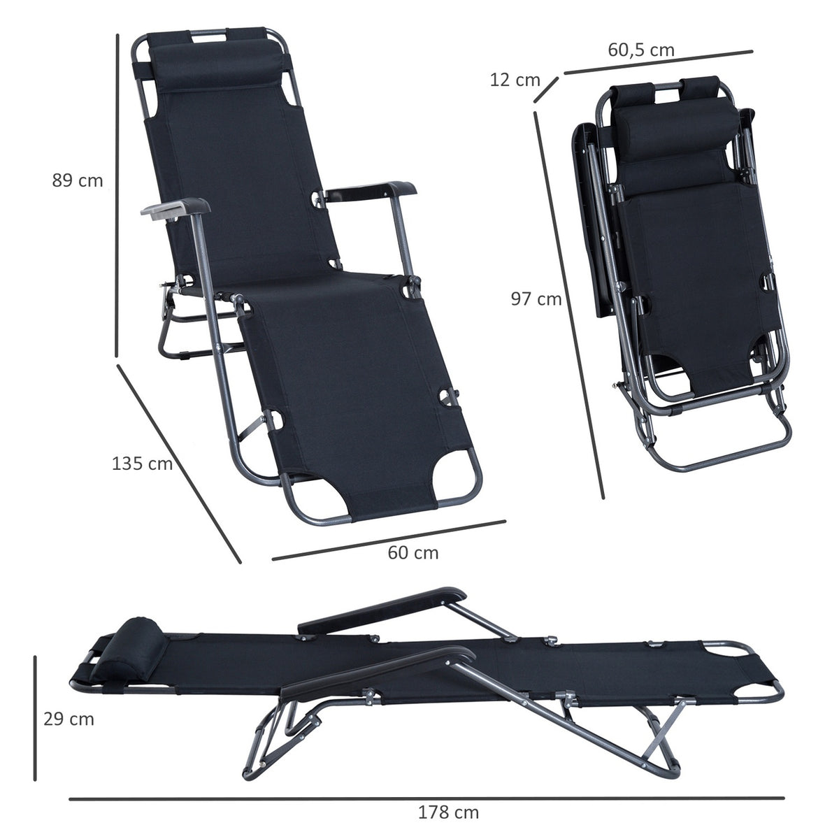 Sun Lounger With Cushion, Folding Beach Lounger, 2-Tier Garden Lounger, 2-In-1 Relaxation Lounger, Metal + Oxford Fabric, Black 135 X 60 X 89 Cm