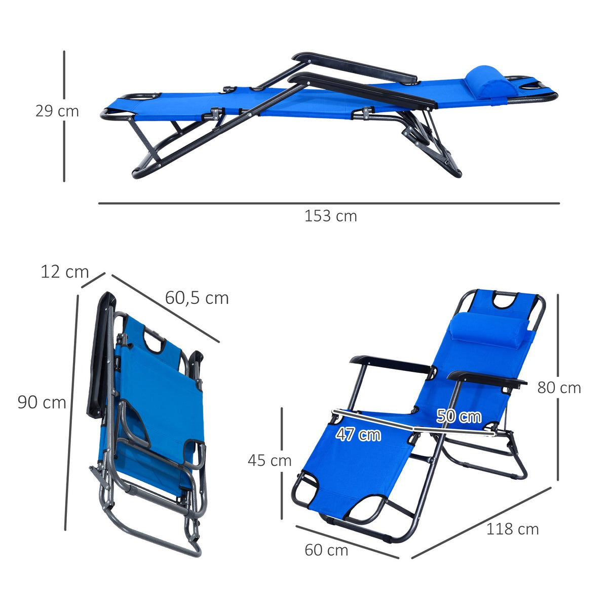 Sun Lounger With Cushion, Folding Beach Lounger, 2-Tier Garden Lounger, 2-In-1 Relaxation Lounger, Metal + Oxford Fabric, Blue 118 X 60 X 80 Cm