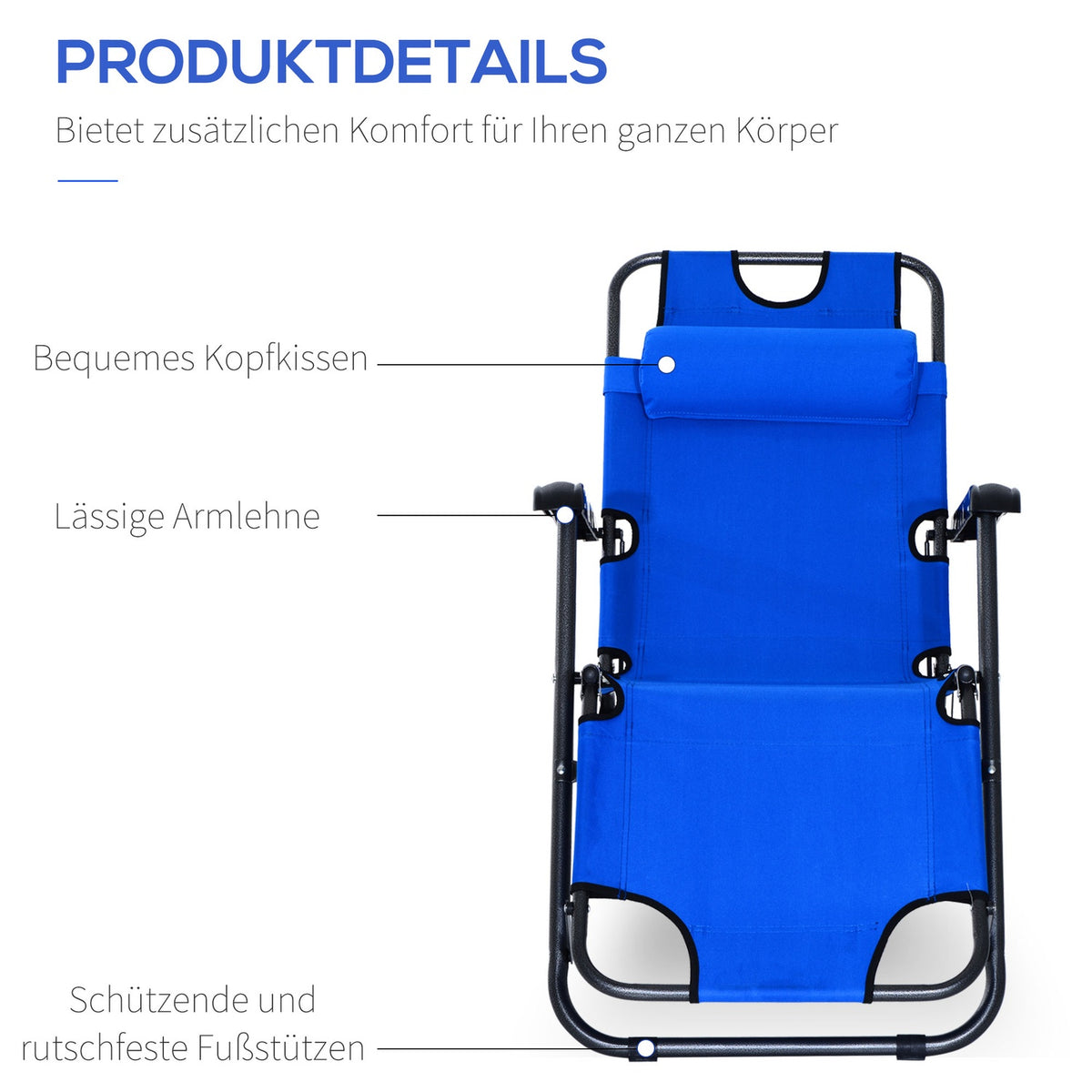 Sun Lounger With Cushion, Folding Beach Lounger, 2-Tier Garden Lounger, 2-In-1 Relaxation Lounger, Metal + Oxford Fabric, Blue 118 X 60 X 80 Cm