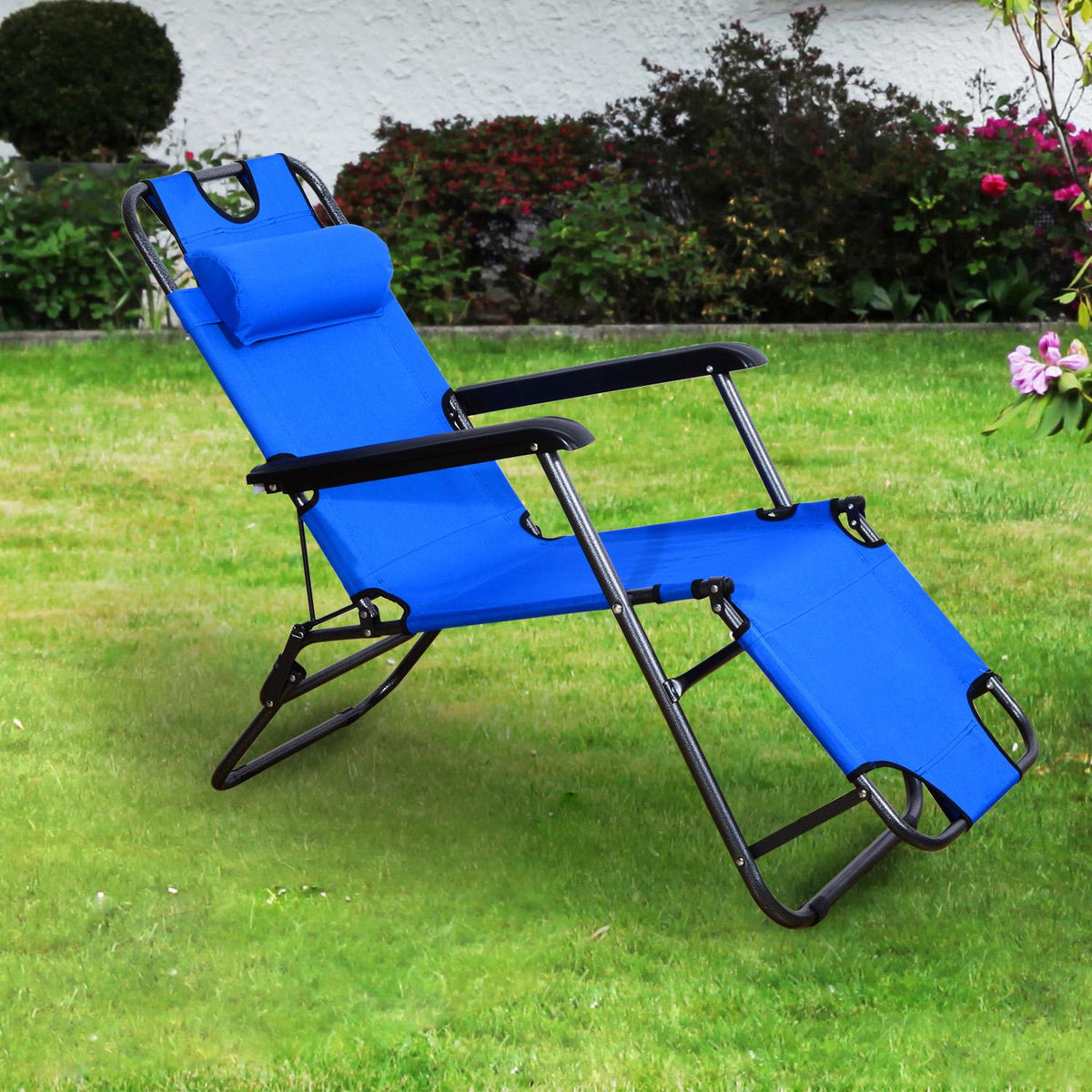 Sun Lounger With Cushion, Folding Beach Lounger, 2-Tier Garden Lounger, 2-In-1 Relaxation Lounger, Metal + Oxford Fabric, Blue 118 X 60 X 80 Cm