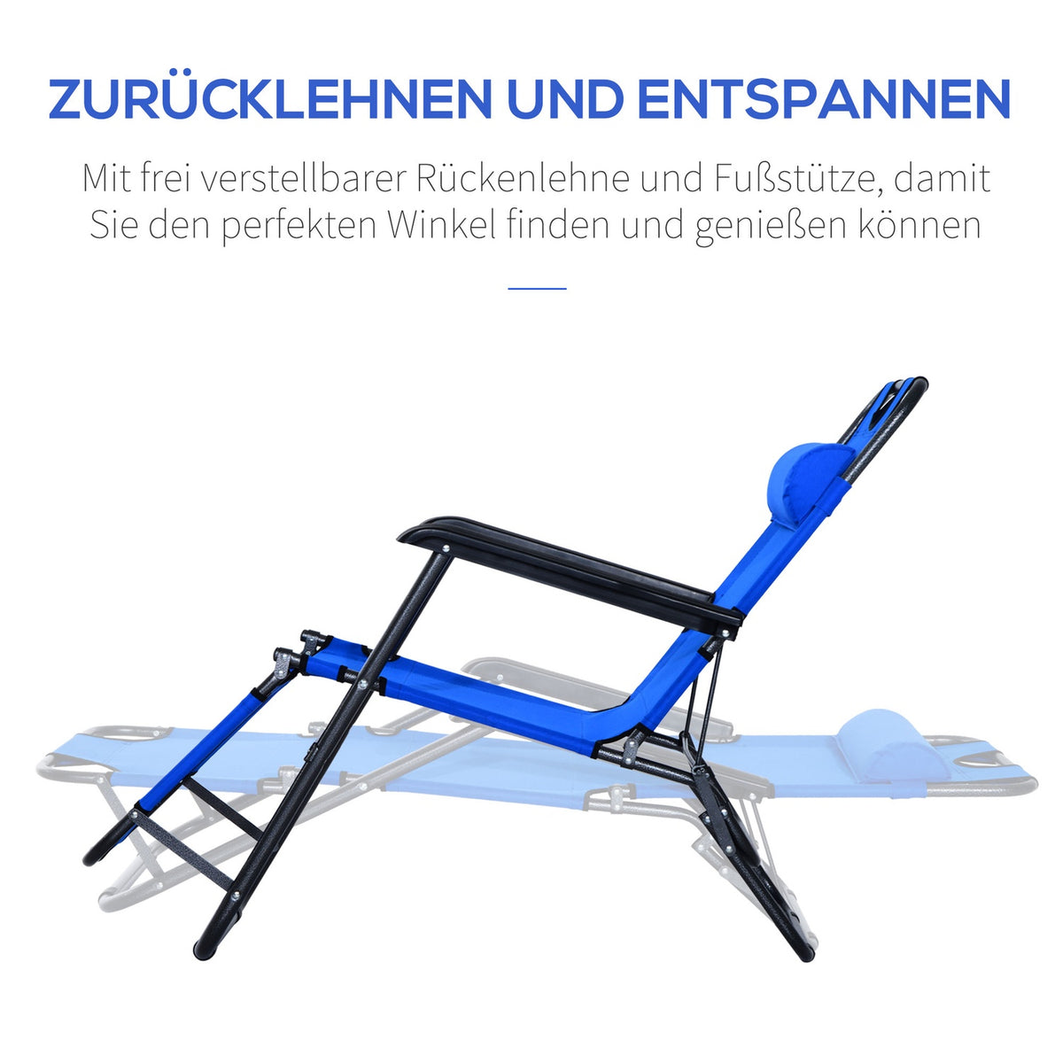 Sun Lounger With Cushion, Folding Beach Lounger, 2-Tier Garden Lounger, 2-In-1 Relaxation Lounger, Metal + Oxford Fabric, Blue 118 X 60 X 80 Cm