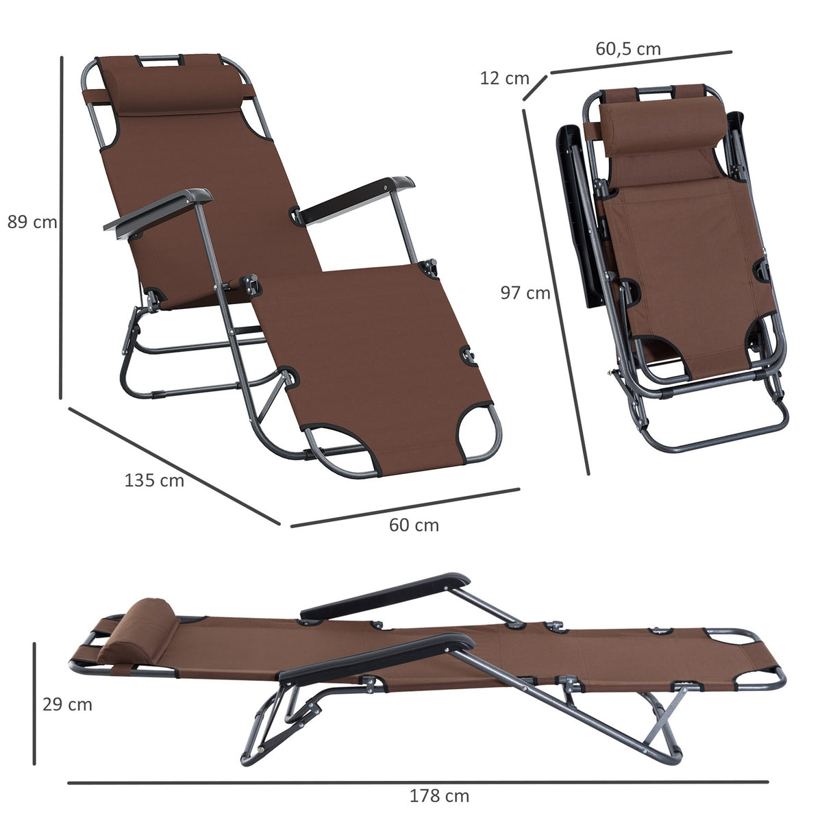 Sun Lounger With Cushion, Folding Beach Lounger, 2-Tier Garden Lounger, 2-In-1 Relaxation Lounger, Metal + Oxford Fabric, Brown 135 X 60 X 89 Cm