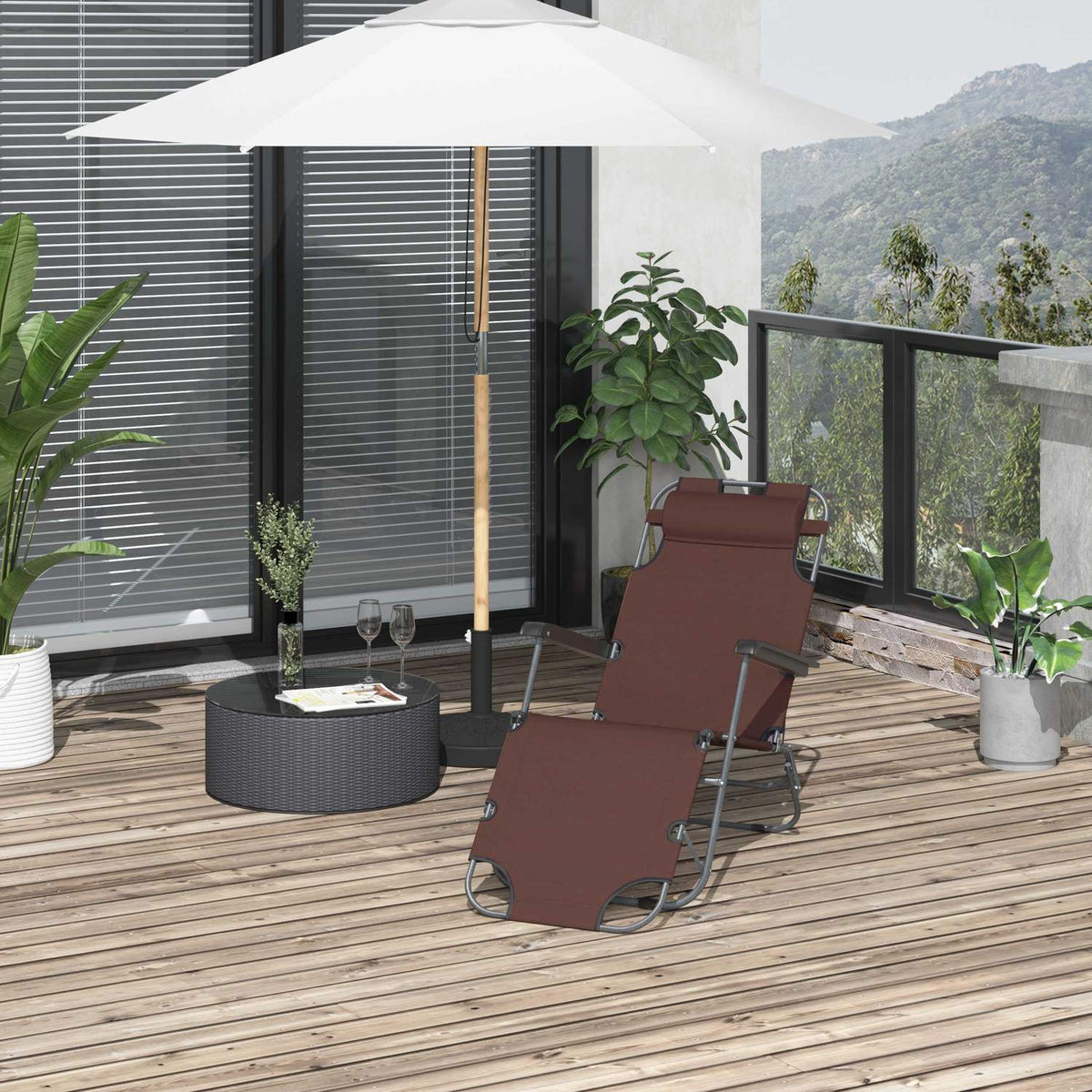 Sun Lounger With Cushion, Folding Beach Lounger, 2-Tier Garden Lounger, 2-In-1 Relaxation Lounger, Metal + Oxford Fabric, Brown 135 X 60 X 89 Cm