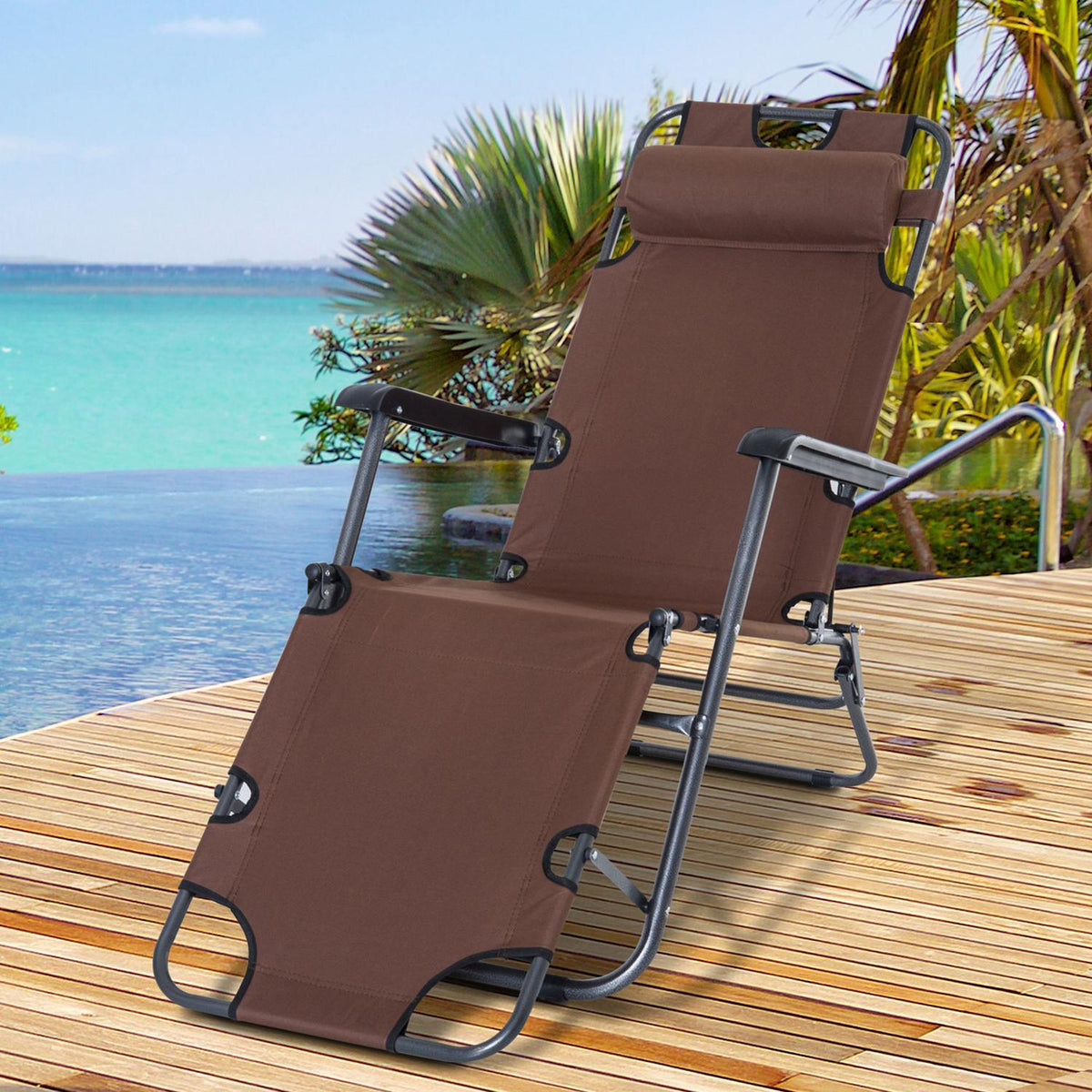 Sun Lounger With Cushion, Folding Beach Lounger, 2-Tier Garden Lounger, 2-In-1 Relaxation Lounger, Metal + Oxford Fabric, Brown 135 X 60 X 89 Cm