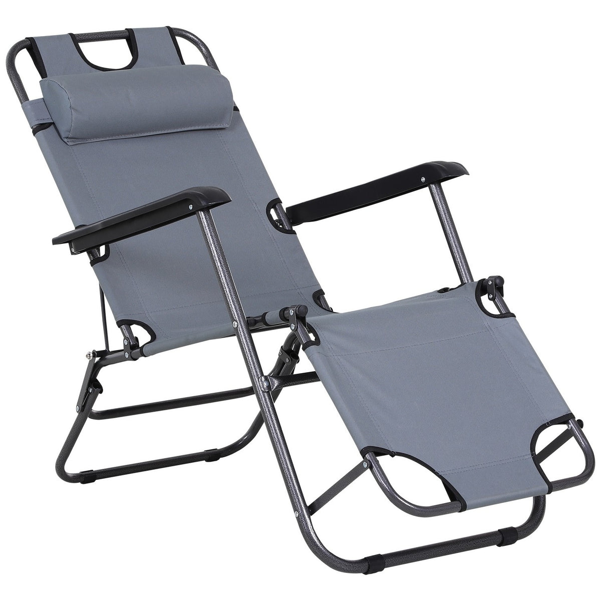 Sun Lounger With Cushion, Folding Beach Lounger, 2-Tier Garden Lounger, 2-In-1 Relaxation Lounger, Metal + Oxford Fabric, Gray 118 X 60 X 80 Cm