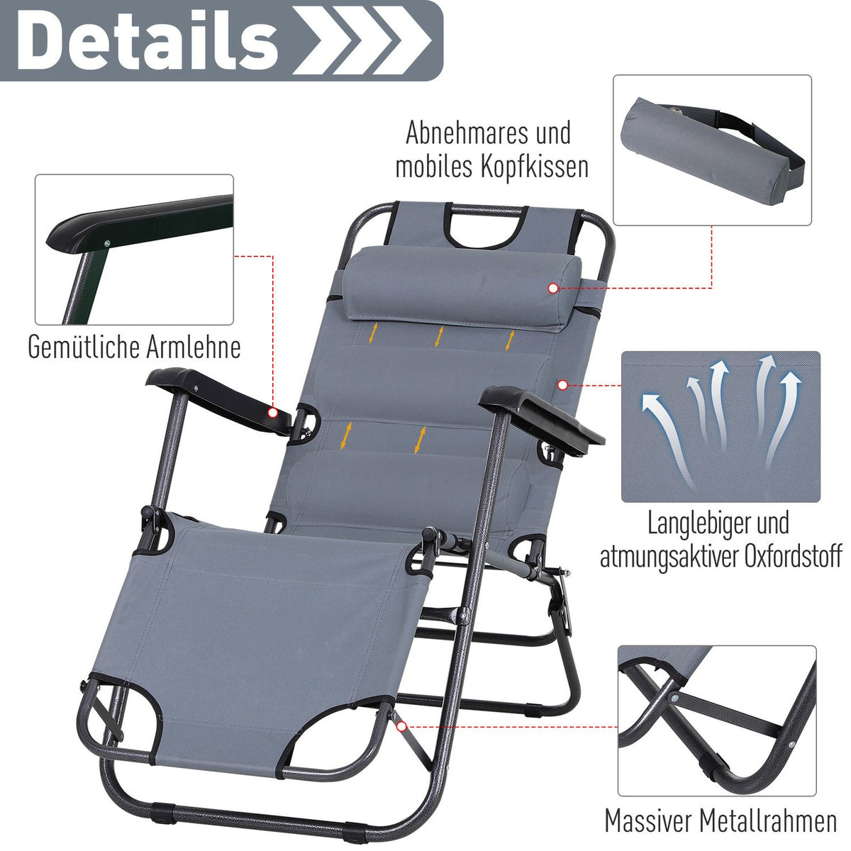 Sun Lounger With Cushion, Folding Beach Lounger, 2-Tier Garden Lounger, 2-In-1 Relaxation Lounger, Metal + Oxford Fabric, Gray 118 X 60 X 80 Cm