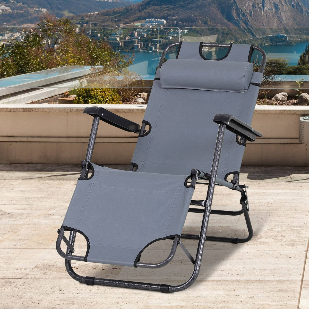 Sun Lounger With Cushion, Folding Beach Lounger, 2-Tier Garden Lounger, 2-In-1 Relaxation Lounger, Metal + Oxford Fabric, Gray 118 X 60 X 80 Cm