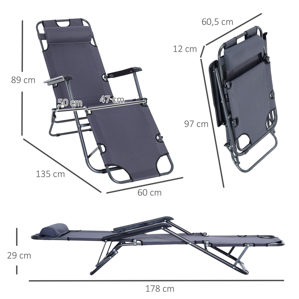 Sun Lounger With Cushion, Folding Beach Lounger, 2-Tier Garden Lounger, 2-In-1 Relaxation Lounger, Metal + Oxford Fabric, Gray 135 X 60 X 89 Cm