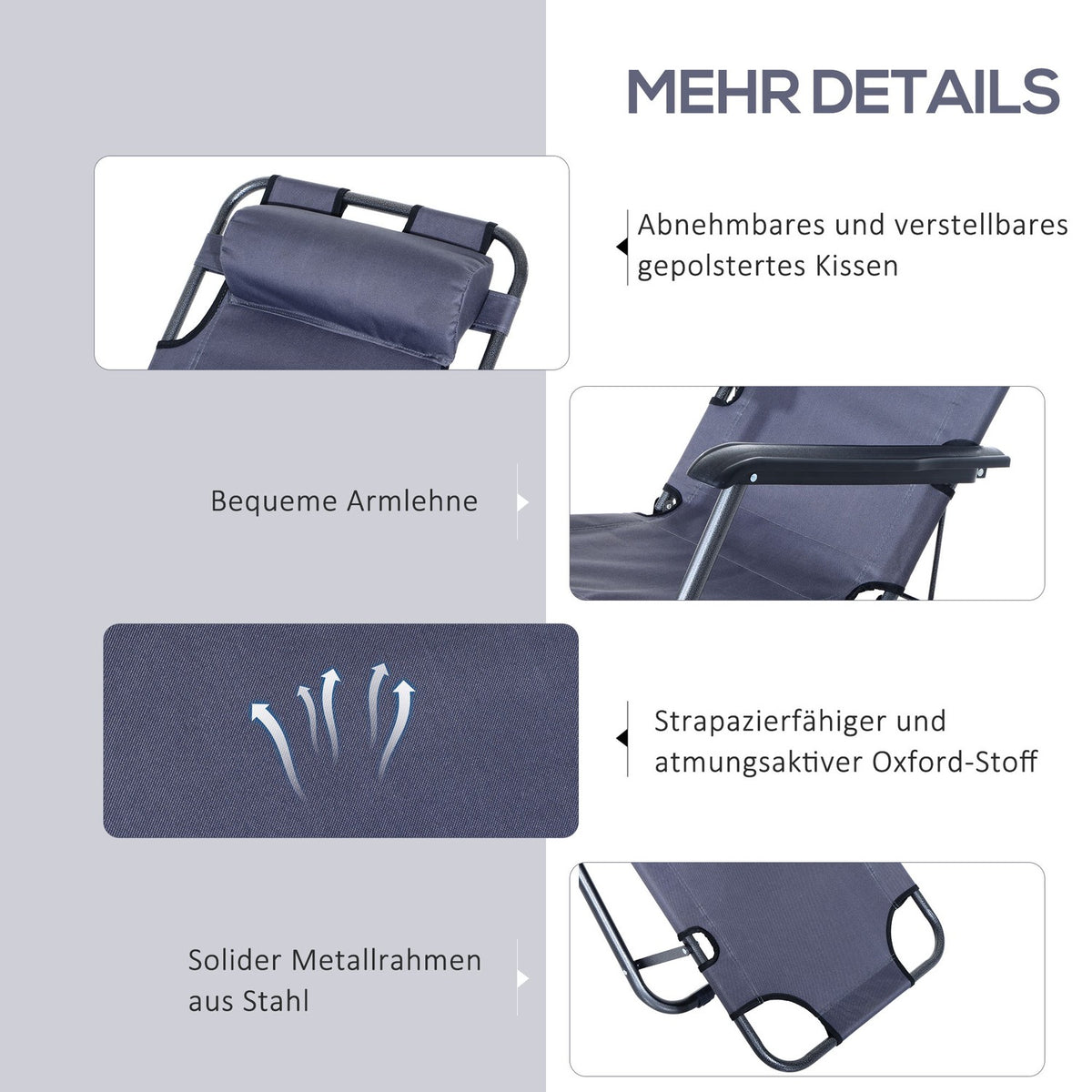Sun Lounger With Cushion, Folding Beach Lounger, 2-Tier Garden Lounger, 2-In-1 Relaxation Lounger, Metal + Oxford Fabric, Gray 135 X 60 X 89 Cm