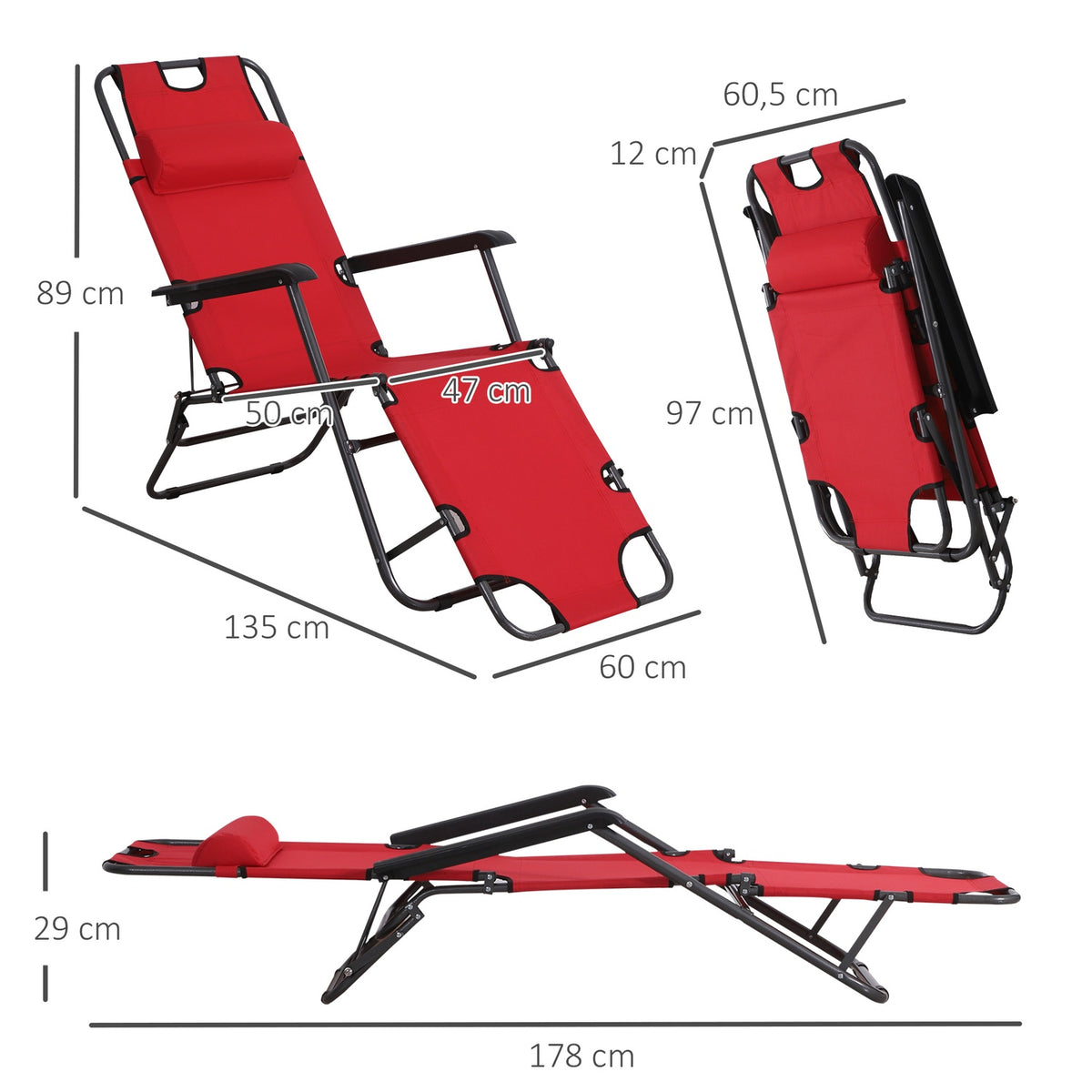 Sun Lounger With Cushion, Folding Beach Lounger, 2-Tier Garden Lounger, 2-In-1 Relaxation Lounger, Metal + Oxford Fabric, Red 135 X 60 X 89 Cm