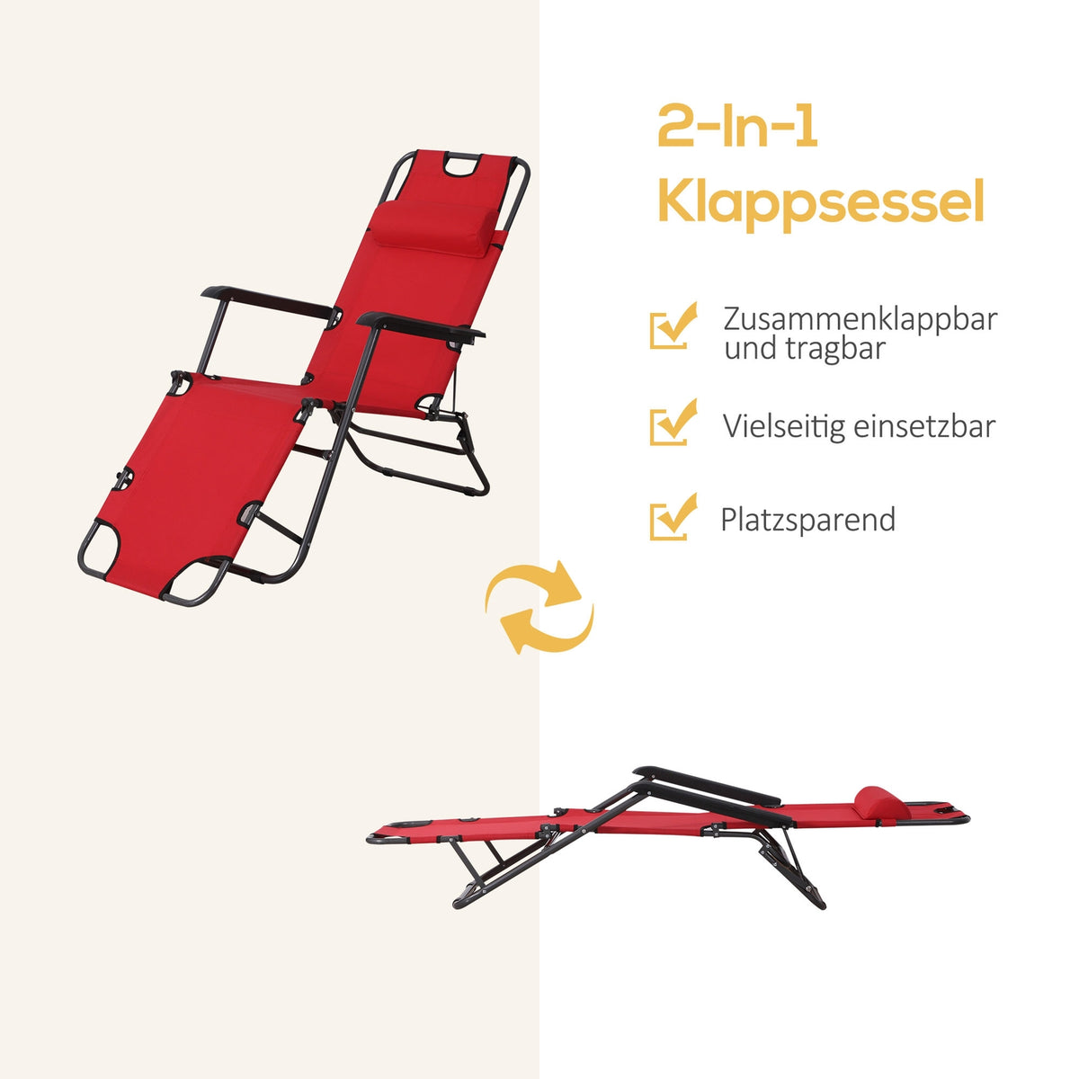 Sun Lounger With Cushion, Folding Beach Lounger, 2-Tier Garden Lounger, 2-In-1 Relaxation Lounger, Metal + Oxford Fabric, Red 135 X 60 X 89 Cm