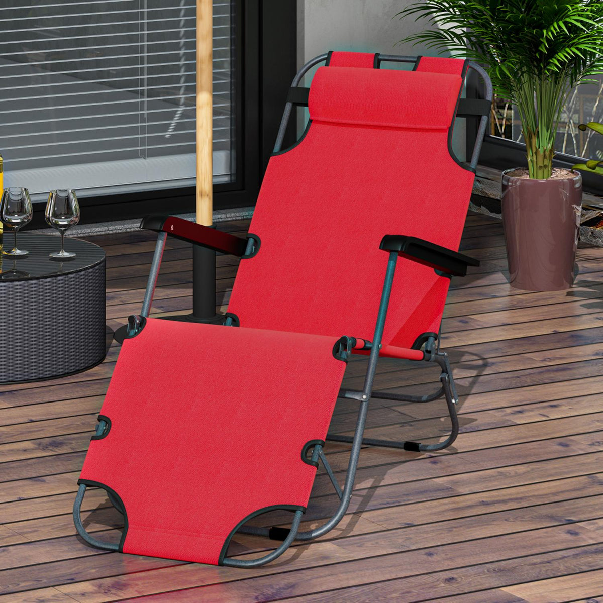 Sun Lounger With Cushion, Folding Beach Lounger, 2-Tier Garden Lounger, 2-In-1 Relaxation Lounger, Metal + Oxford Fabric, Red 135 X 60 X 89 Cm
