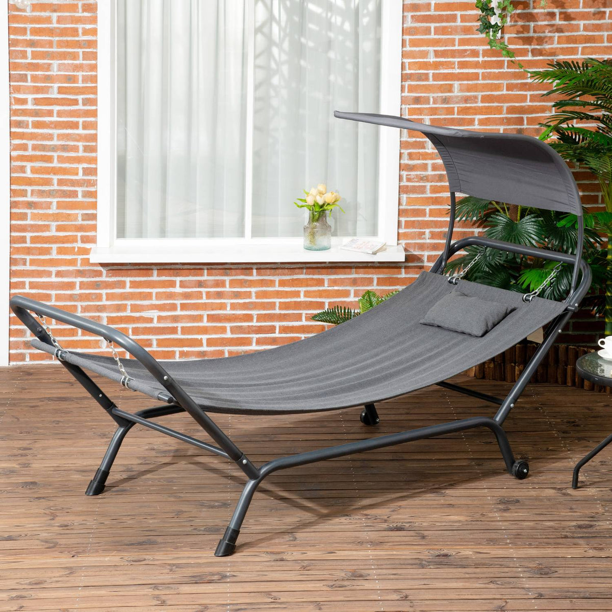 Sun Lounger With Roof, Balcony Lounger With Pillow, Hammock Bed For Swimming Pool, Up To 120 Kg, Dark Gray, 240 X 92 X 148Cm