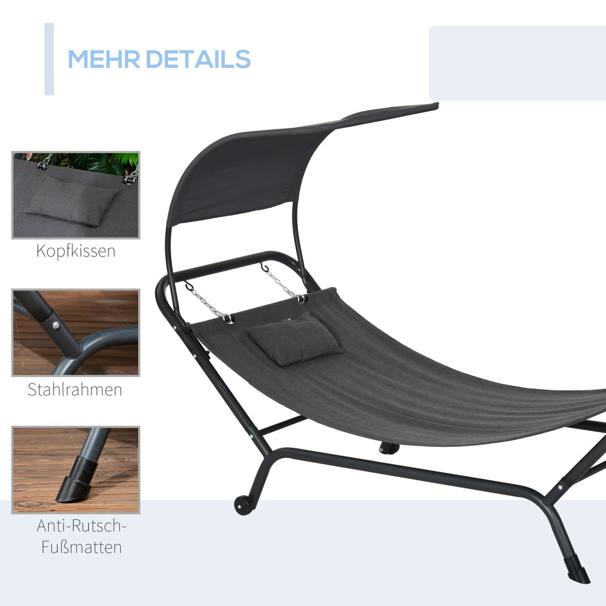 Sun Lounger With Roof, Balcony Lounger With Pillow, Hammock Bed For Swimming Pool, Up To 120 Kg, Dark Gray, 240 X 92 X 148Cm