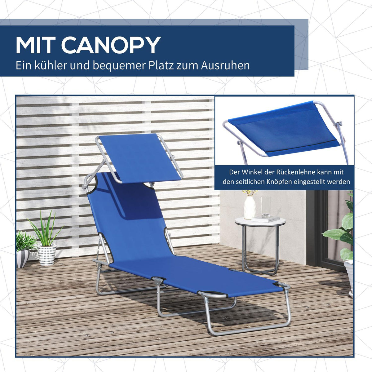 Sun Lounger With Roof, Folding Deck Chair, Garden Lounger With 4-Way Adjustable Backrest, Camping Lounger, Relaxation Lounger For Balcony, Oxford
