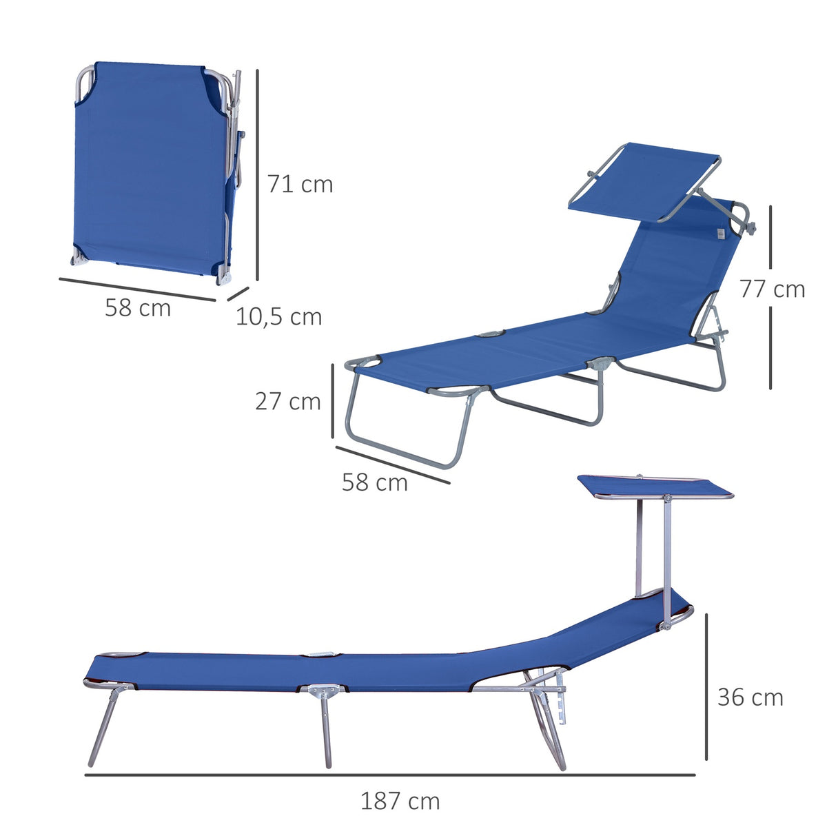 Sun Lounger With Roof, Folding Deck Chair, Garden Lounger With 4-Way Adjustable Backrest, Camping Lounger, Relaxation Lounger For Balcony, Oxford