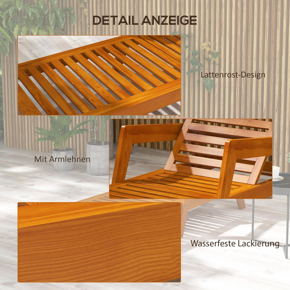 Sun Lounger, Wooden Garden Lounger, Deck Chair, Weatherproof Relaxation Lounger For Balcony, Terrace, Load Capacity Up To 120 Kg, Orange, 66 X 190 X 73.5 Cm