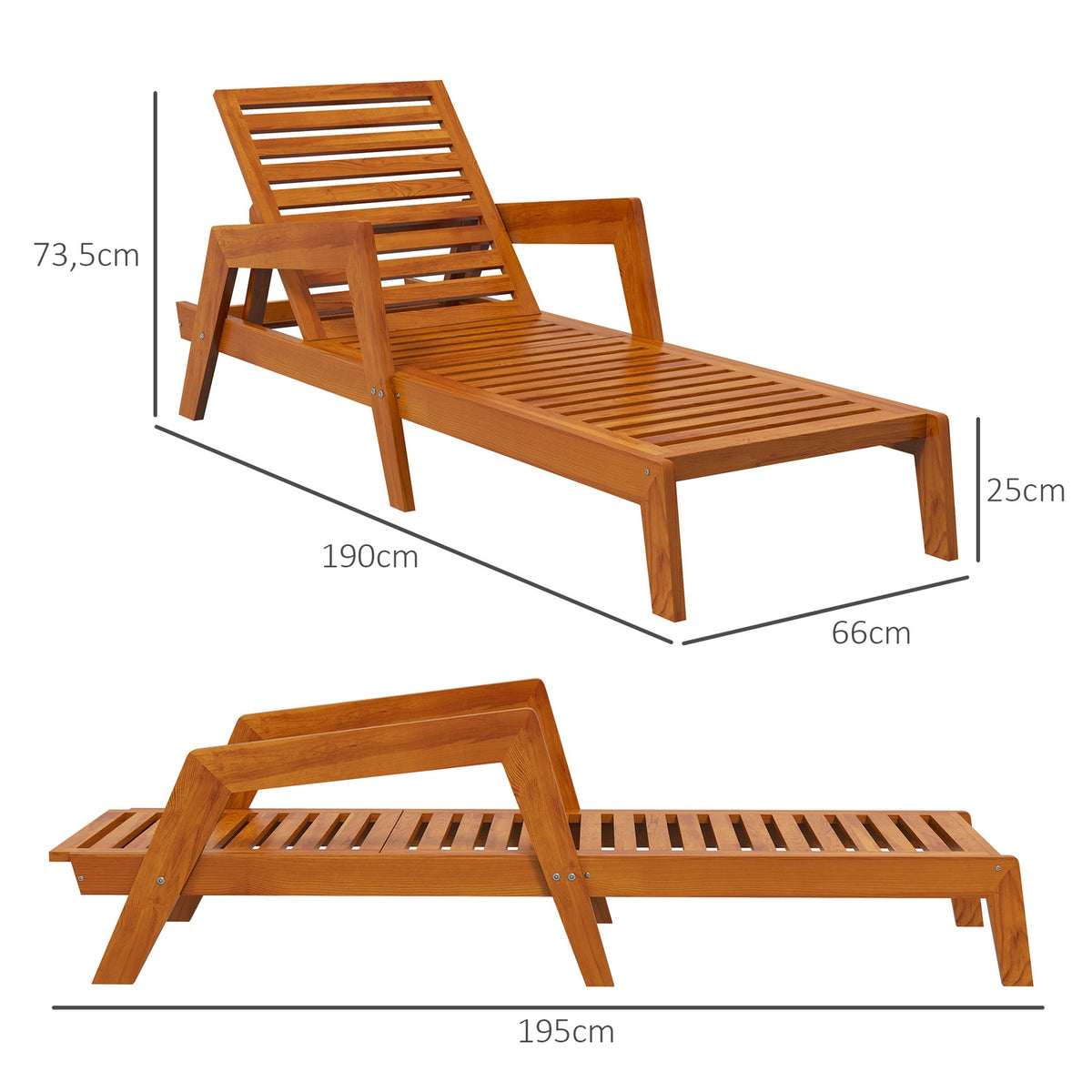 Sun Lounger, Wooden Garden Lounger, Deck Chair, Weatherproof Relaxation Lounger For Balcony, Terrace, Load Capacity Up To 120 Kg, Orange, 66 X 190 X 73.5 Cm