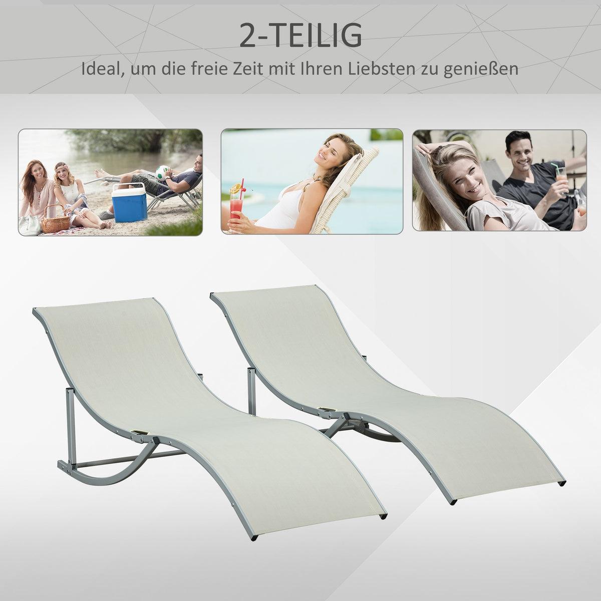 Sun Loungers Set Of 2 Garden Loungers Aluminum Textline Ergonomic Foldable Beige 165X61X63Cm
