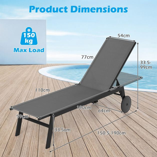 Sun Lounger with Wheels, Adjustable Backrest, Grey