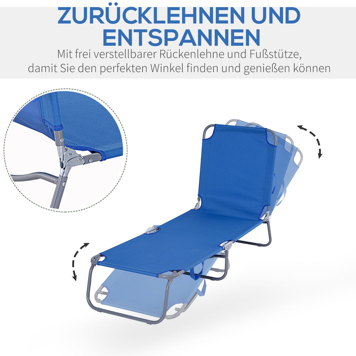 Sun lounger, camping lounger, folding deck chair with adjustable backrest, can hold up to 120 kg for balcony, terrace, Oxford blue