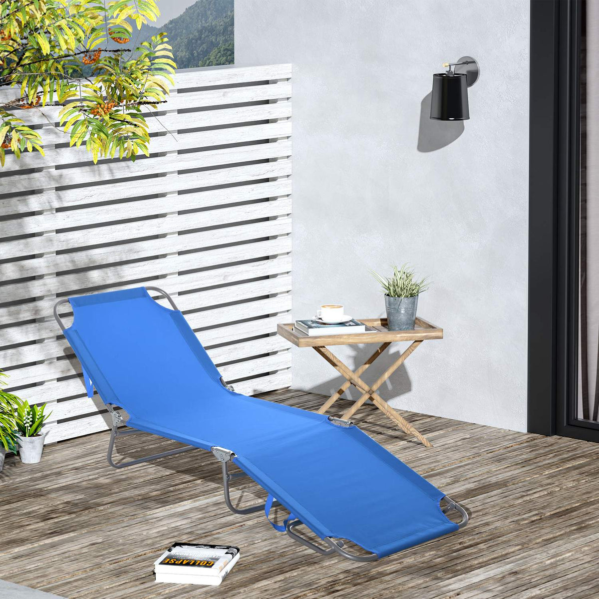 Sun lounger, camping lounger, folding deck chair with adjustable backrest, can hold up to 120 kg for balcony, terrace, Oxford blue