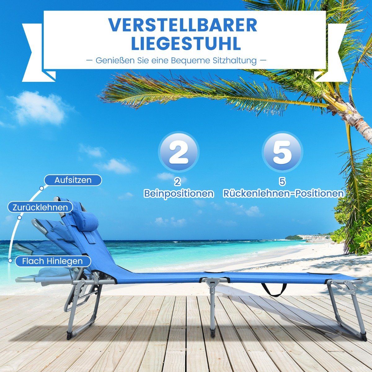 Sun lounger folding beach lounger 194 x 60 x 36-86 cm blue