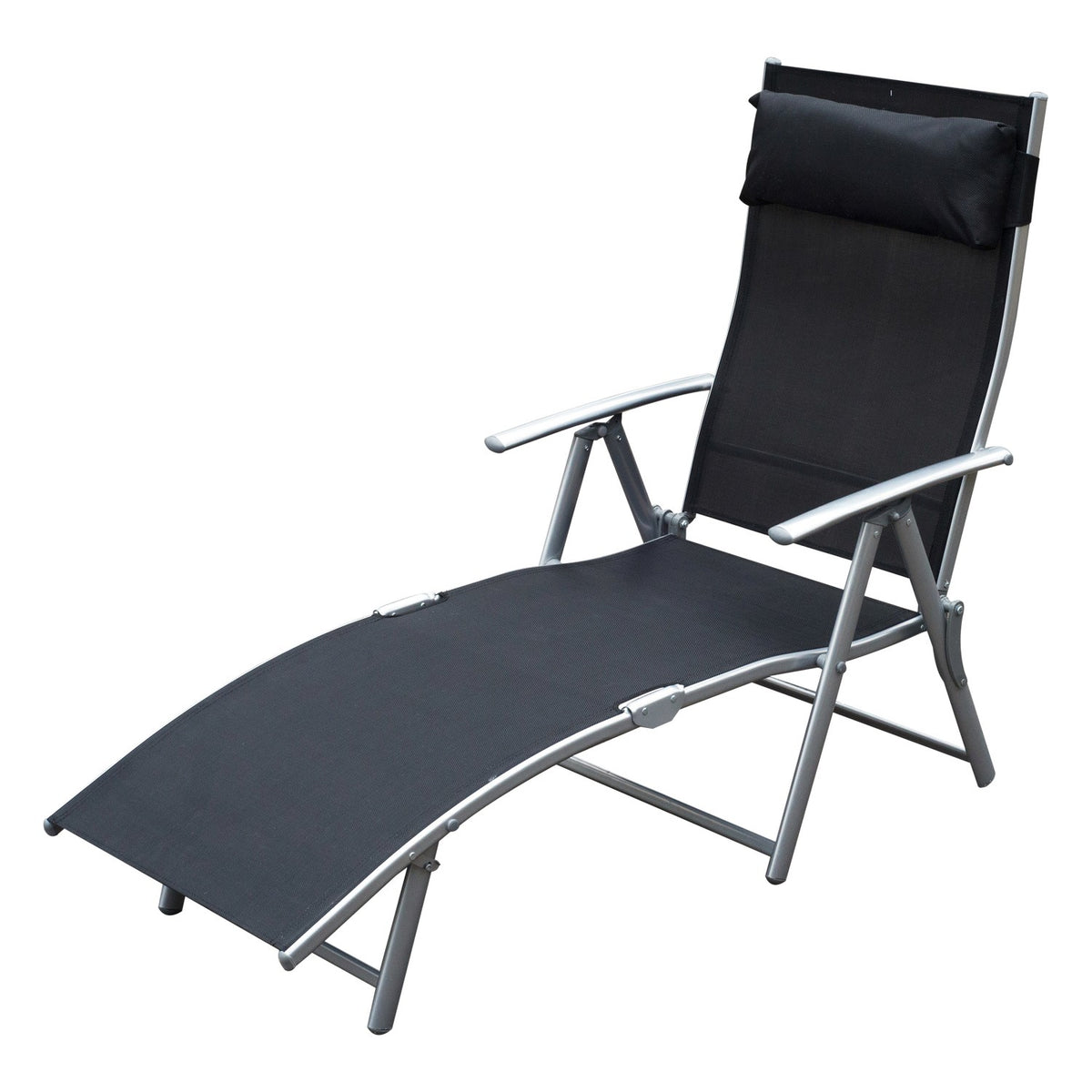 Sun lounger folding beach lounger garden lounger with cushion, metal + fabric, black, 137x63.5x100.5cm