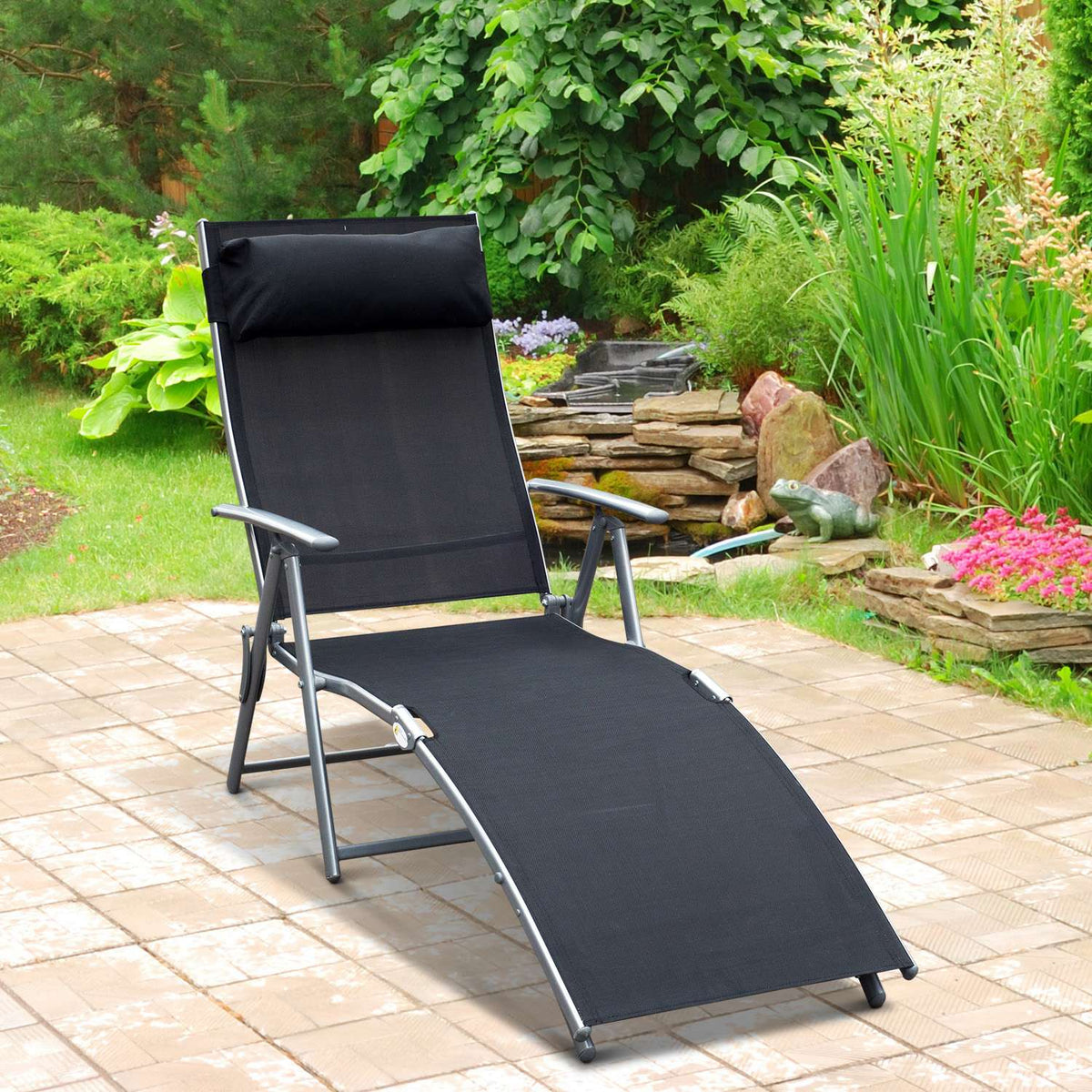 Sun lounger folding beach lounger garden lounger with cushion, metal + fabric, black, 137x63.5x100.5cm