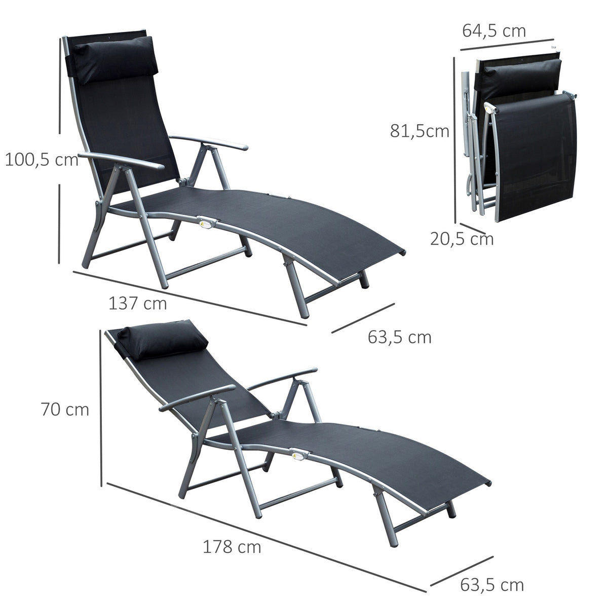 Sun lounger folding beach lounger garden lounger with cushion, metal + fabric, black, 137x63.5x100.5cm