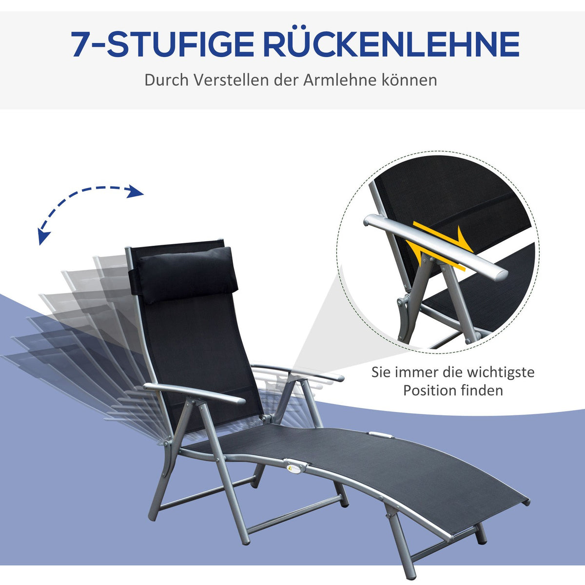 Sun lounger folding beach lounger garden lounger with cushion, metal + fabric, black, 137x63.5x100.5cm