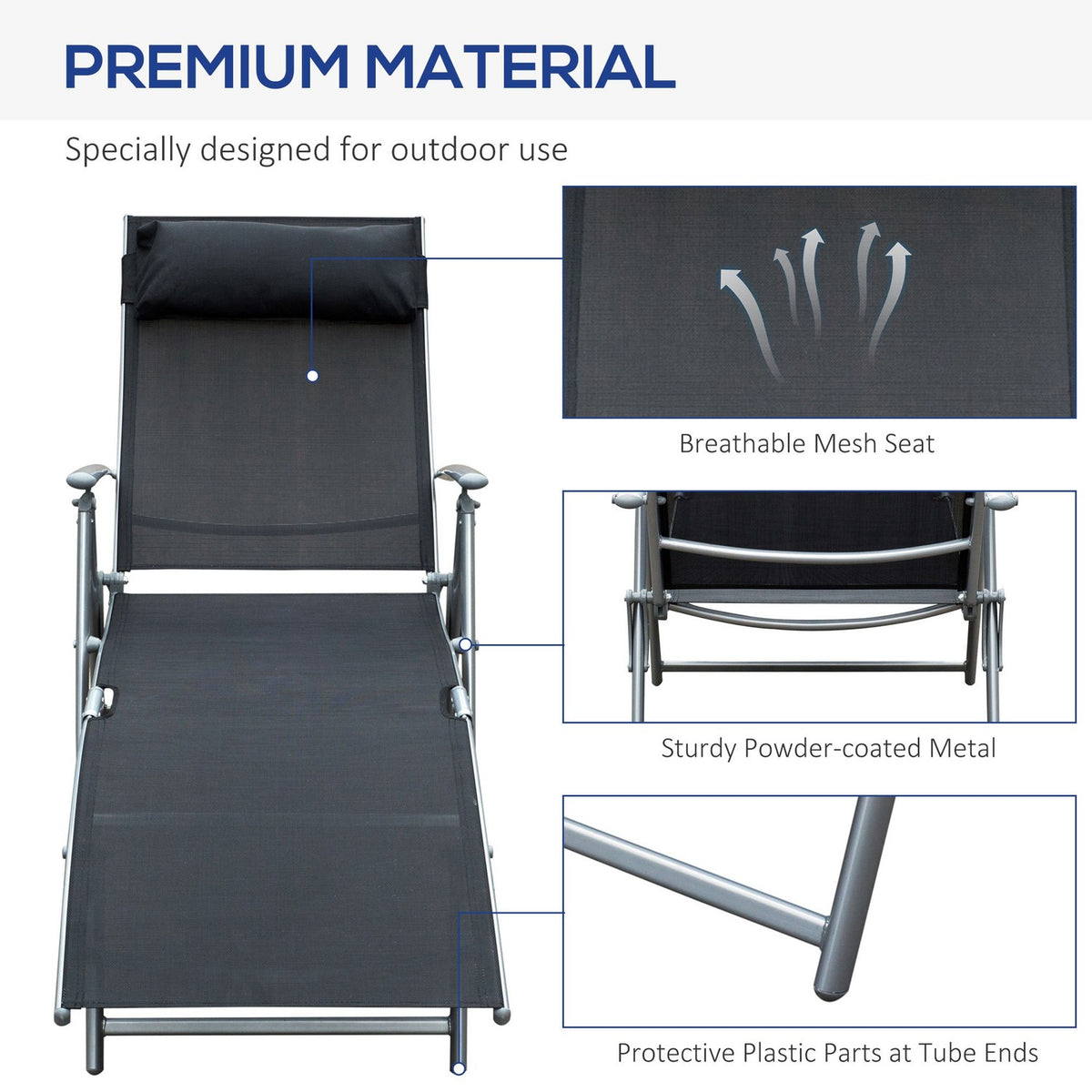 Sun lounger folding beach lounger garden lounger with cushion, metal + fabric, black, 137x63.5x100.5cm
