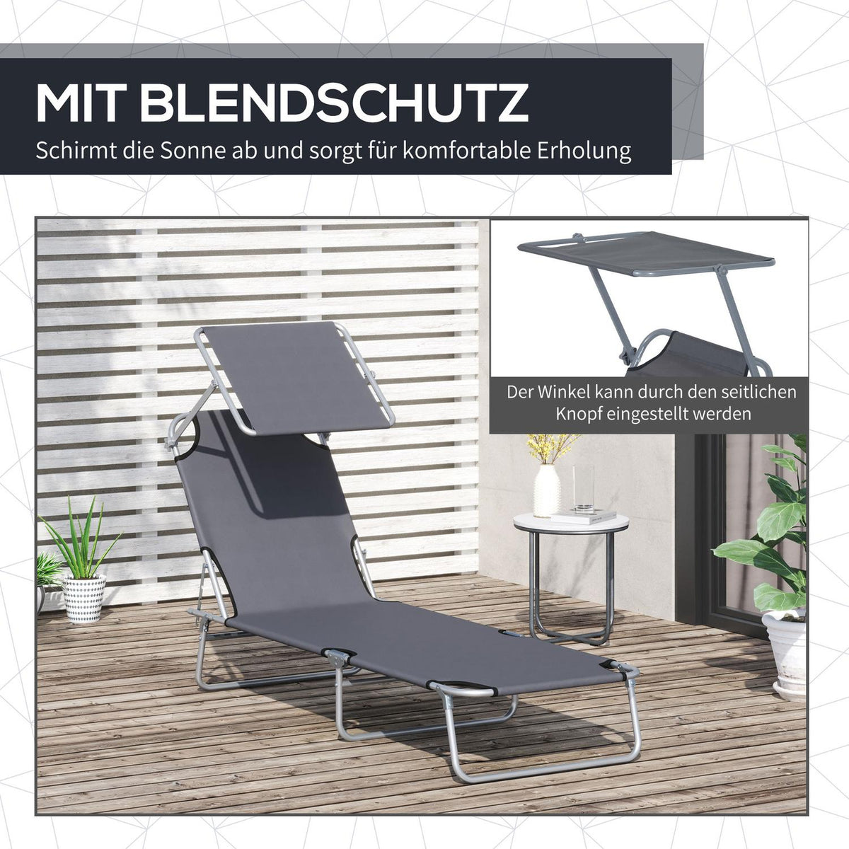 Sun lounger folding garden lounger deck chair beach lounger with sun protection gray 187 x 58 x 36 cm