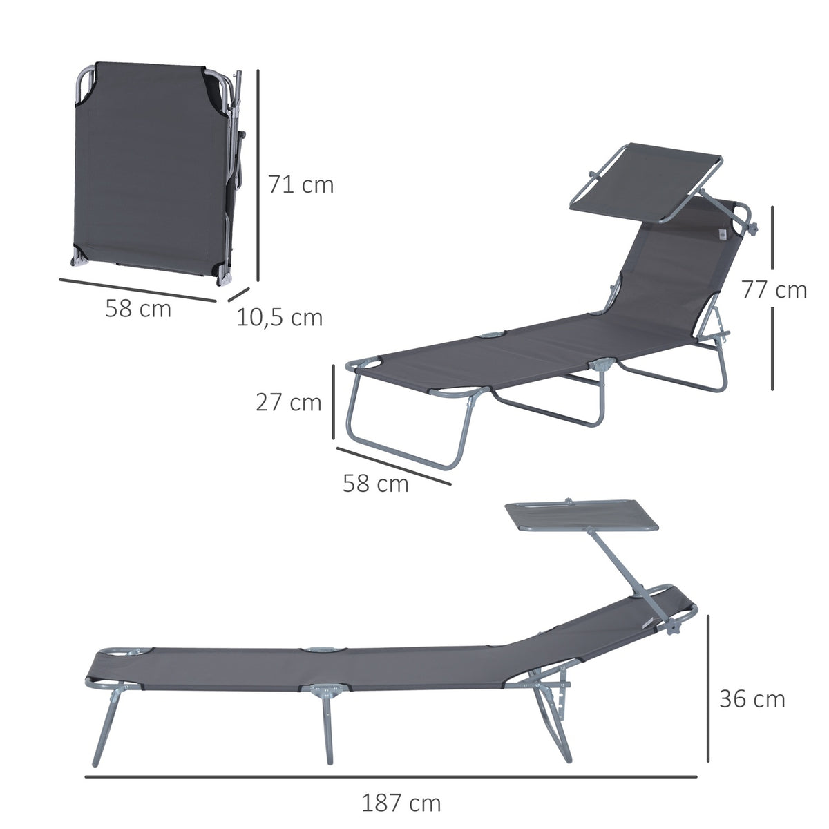 Sun lounger folding garden lounger deck chair beach lounger with sun protection gray 187 x 58 x 36 cm