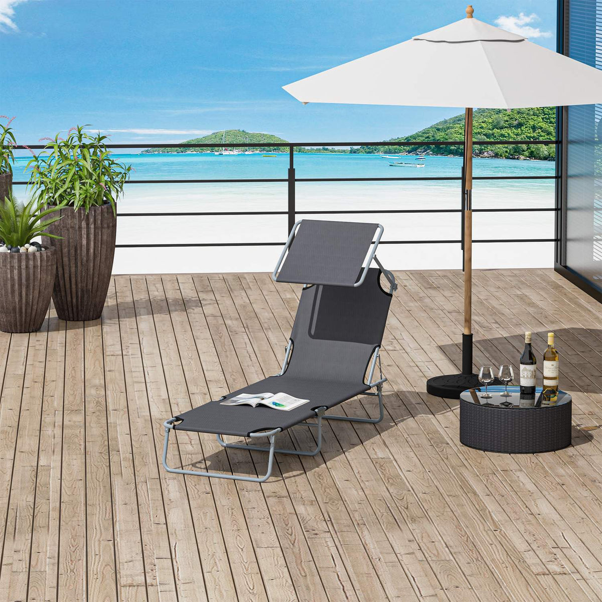 Sun lounger folding garden lounger deck chair beach lounger with sun protection gray 187 x 58 x 36 cm