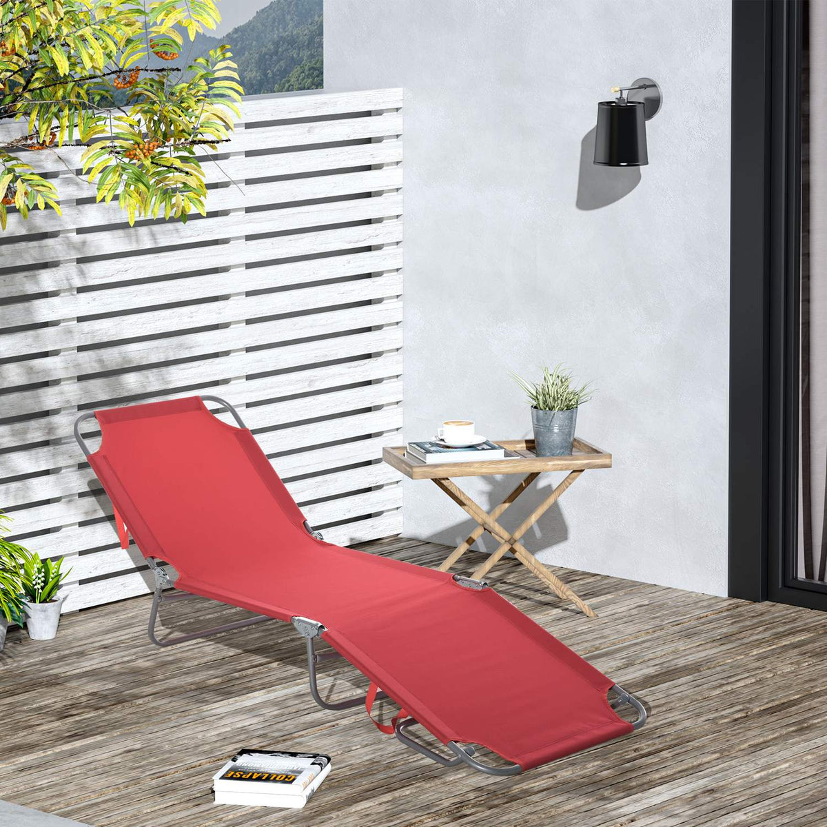 Sun lounger, folding garden lounger, deck chair with 5-way adjustable backrest, weatherproof camping lounger, garden chair can hold up to 120 kg, for garden, holiday, outdoor, beach, pool, wine red