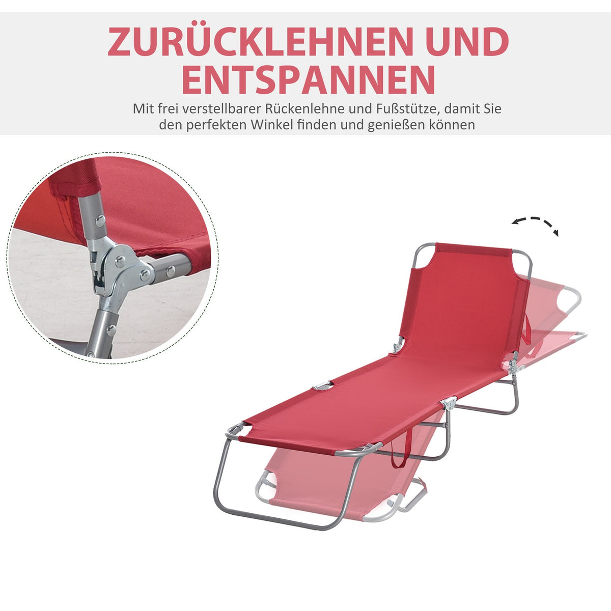 Sun lounger, folding garden lounger, deck chair with 5-way adjustable backrest, weatherproof camping lounger, garden chair can hold up to 120 kg, for garden, holiday, outdoor, beach, pool, wine red